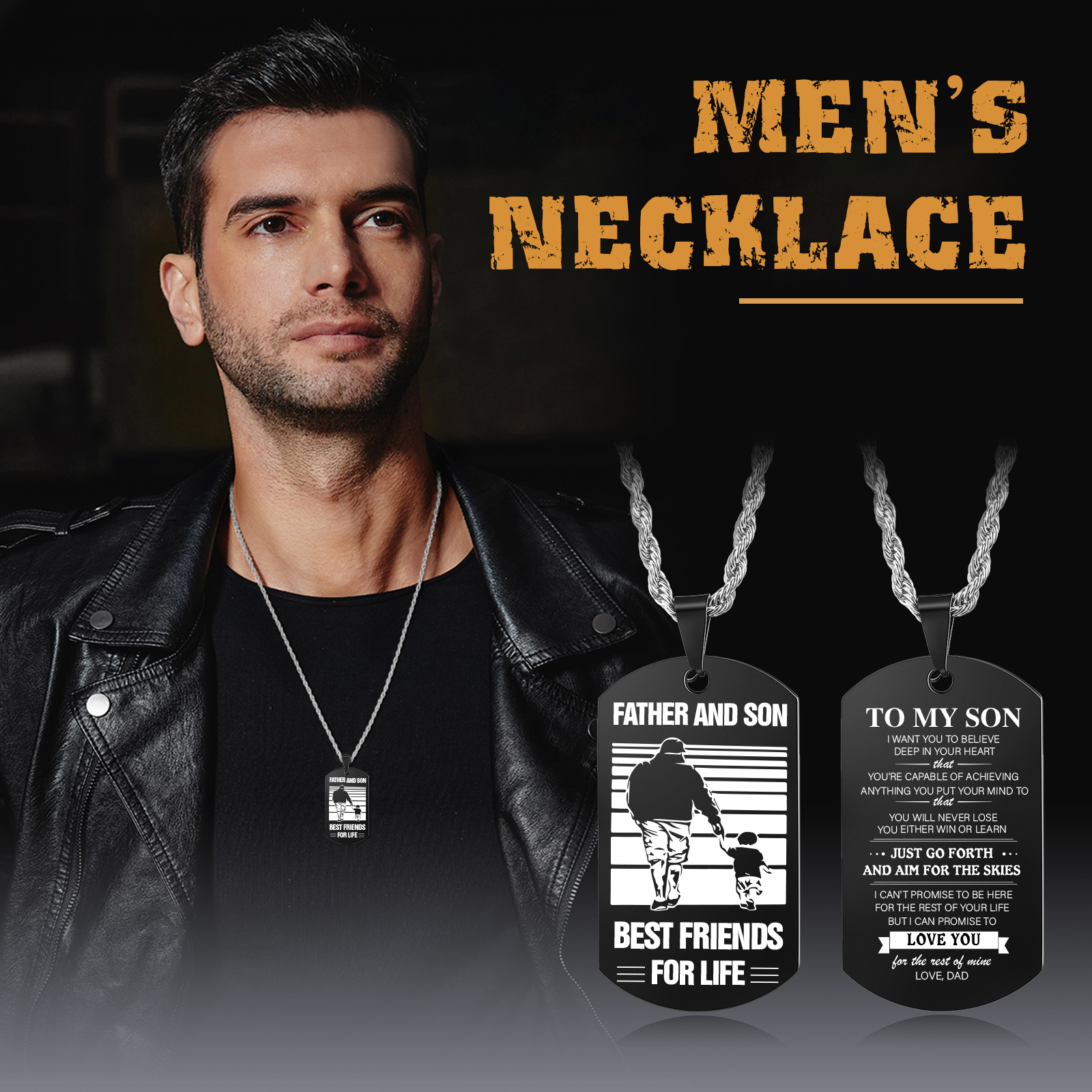 To My Son Dog Tag Necklace Black Double-sided Necklace Dad to Son Family Necklace "Father And Son Best Friends For Life"-Jessemade AU