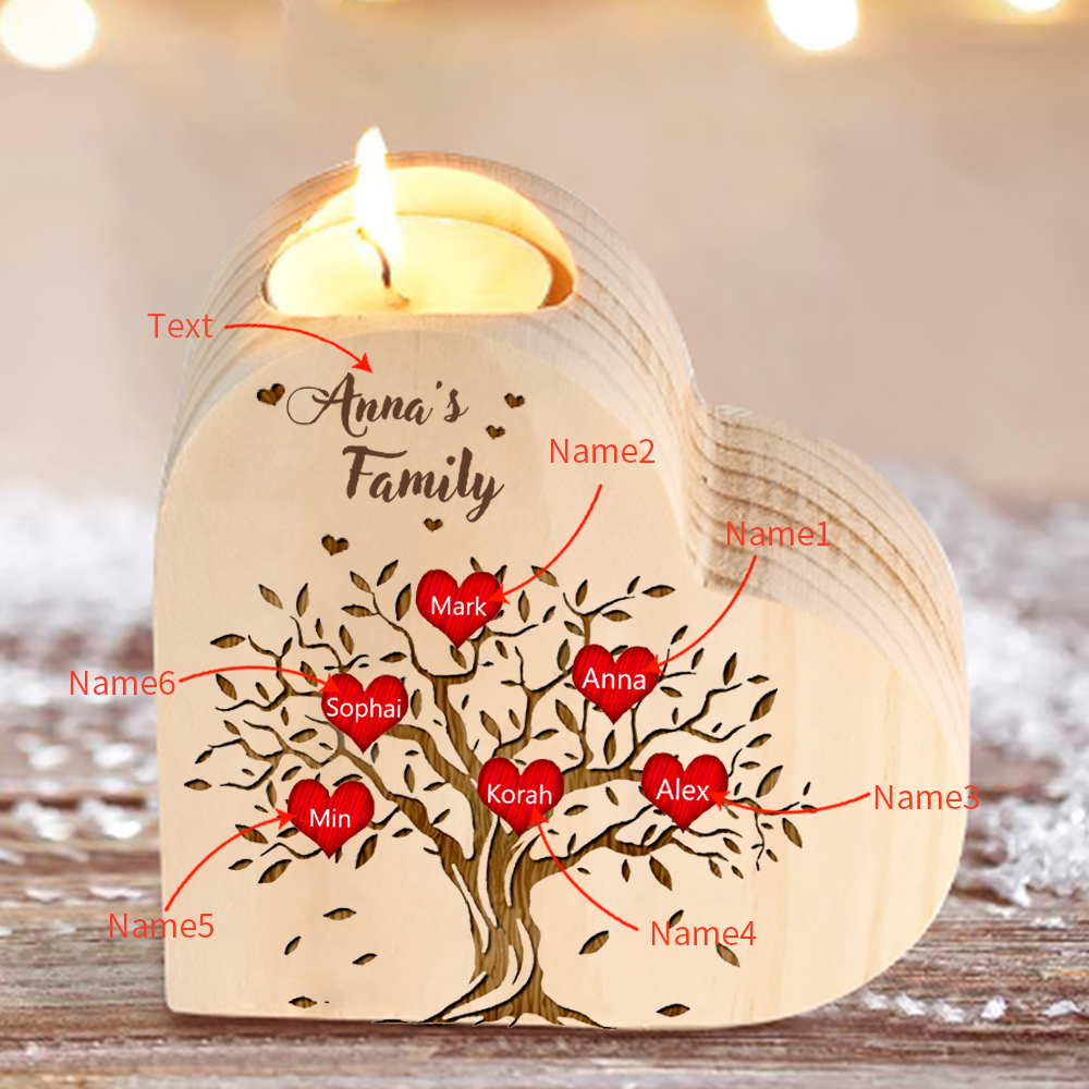 To My Family Wooden Heart Candle Holder Custom 6 Names Family Tree Candlesticks-Jessemade AU