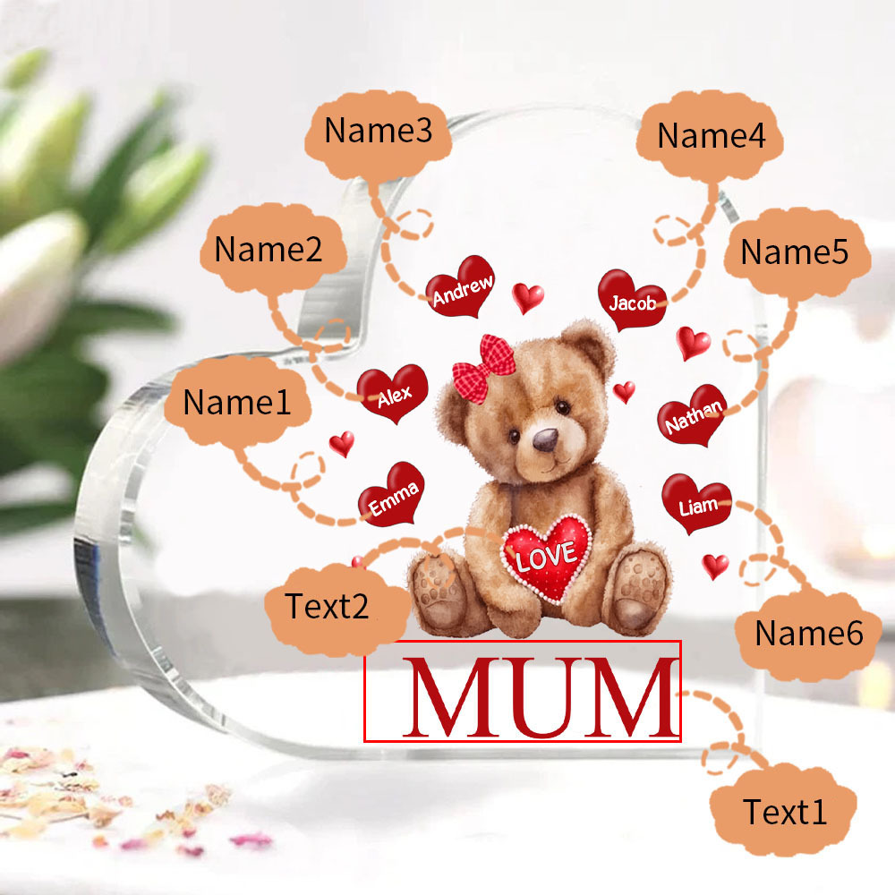 6 Names - Personalised Acrylic Heart Keepsake Custom 2 Texts Teddy Bear Ornaments Gifts for Grandma/Mother-Jessemade AU
