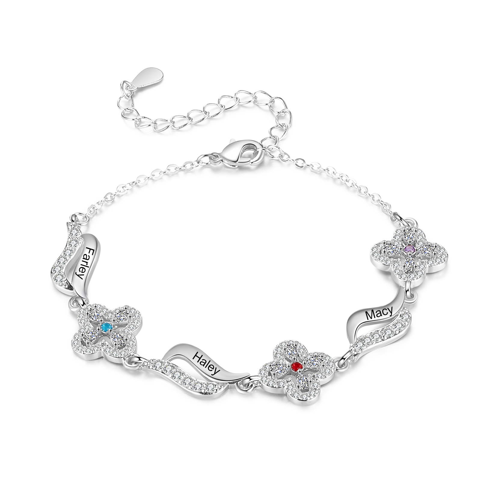 Personalised 3 Birthstones Engraved 3 Names Bracelet Women's Bracelets Birthday Gift for Her