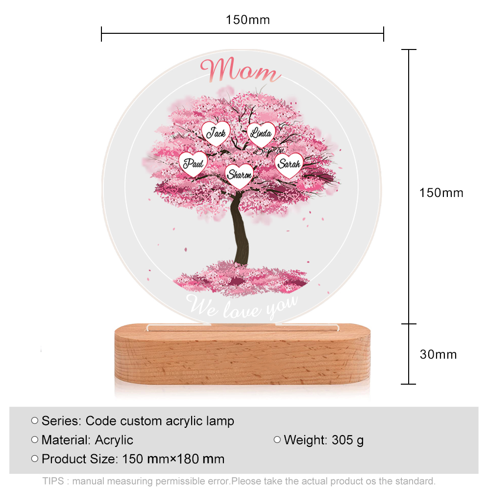 5 Names - Personalised Acrylic Night Light Custom 2 Texts Pink Family Tree LED Lamp Gifts for Mother/Grandma-Jessemade AU