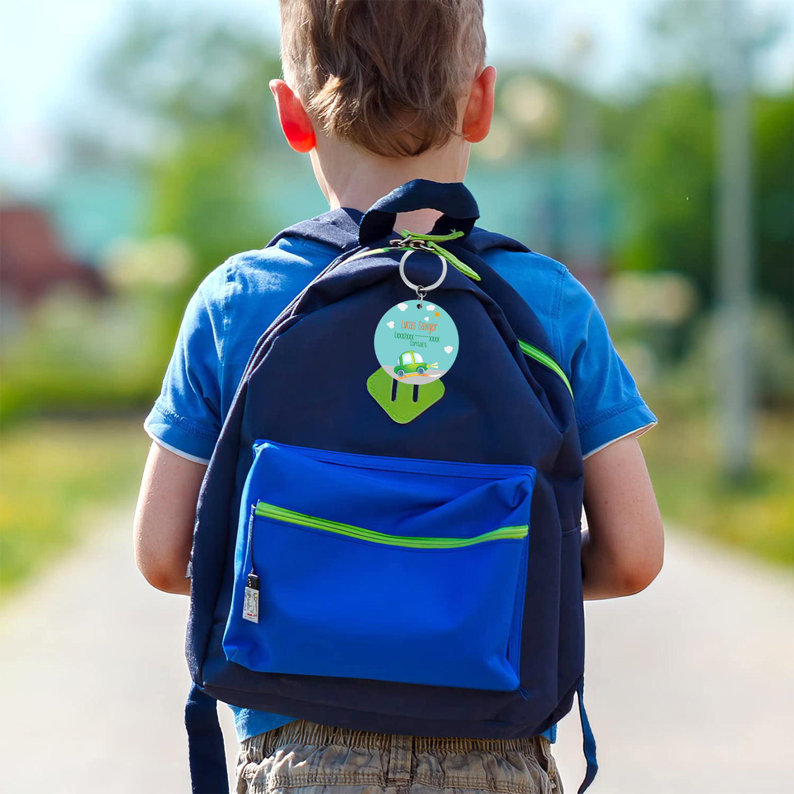 Customised Name and Phone Number Keychain Green Car Back-to-School Gift for Kids-Jessemade AU