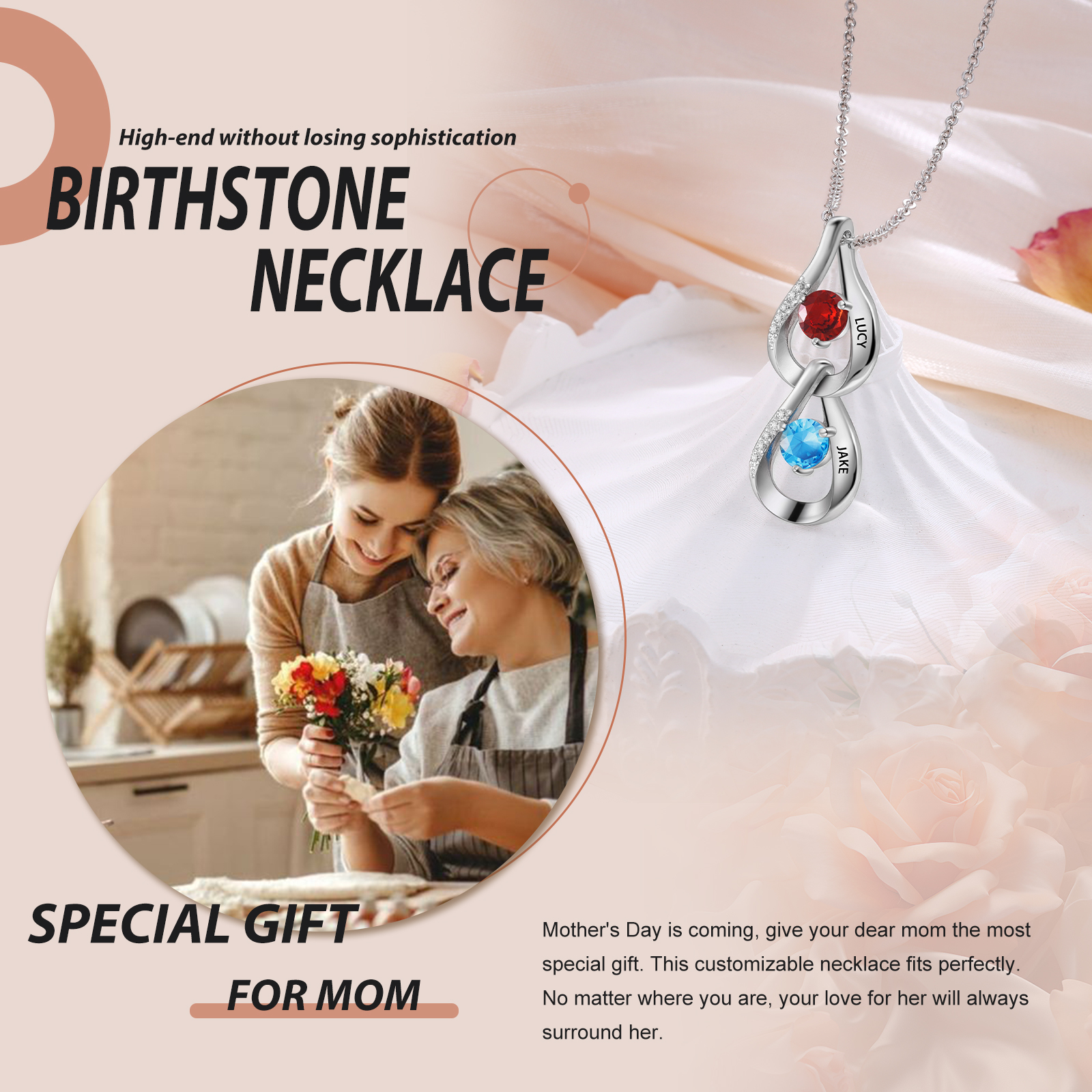 Personalised Teardrop Pendant Necklace Custom 2 Birthstones & 2 Names Necklace Gifts for Her-Jessemade AU