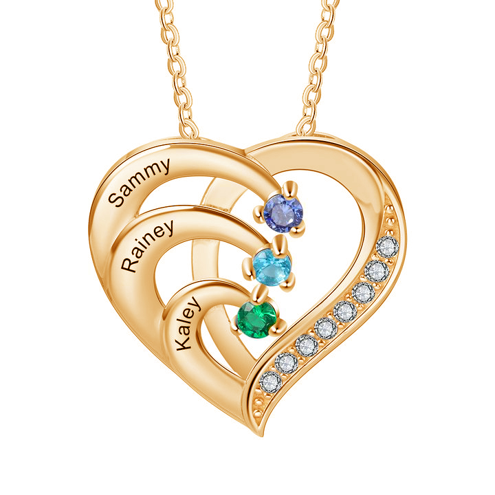 Personalised Mother Necklace 3 Stones Engraved 3 Names Birthstone Intertwined Heart Pendant Gifts for Her-Jessemade AU