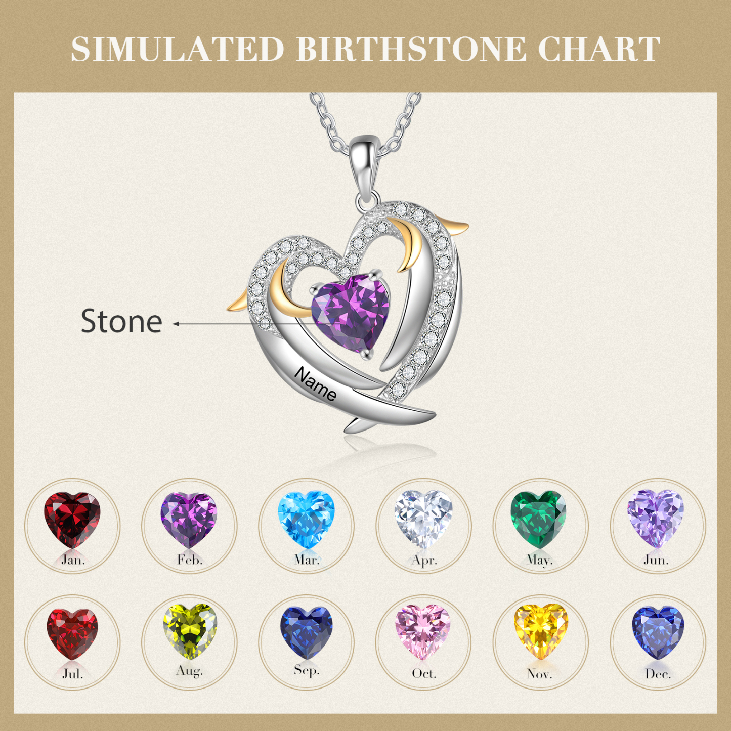 Personalised Heart Wings Necklace With 1 Birthstone Custom Names Necklace Gift For Her-Jessemade AU