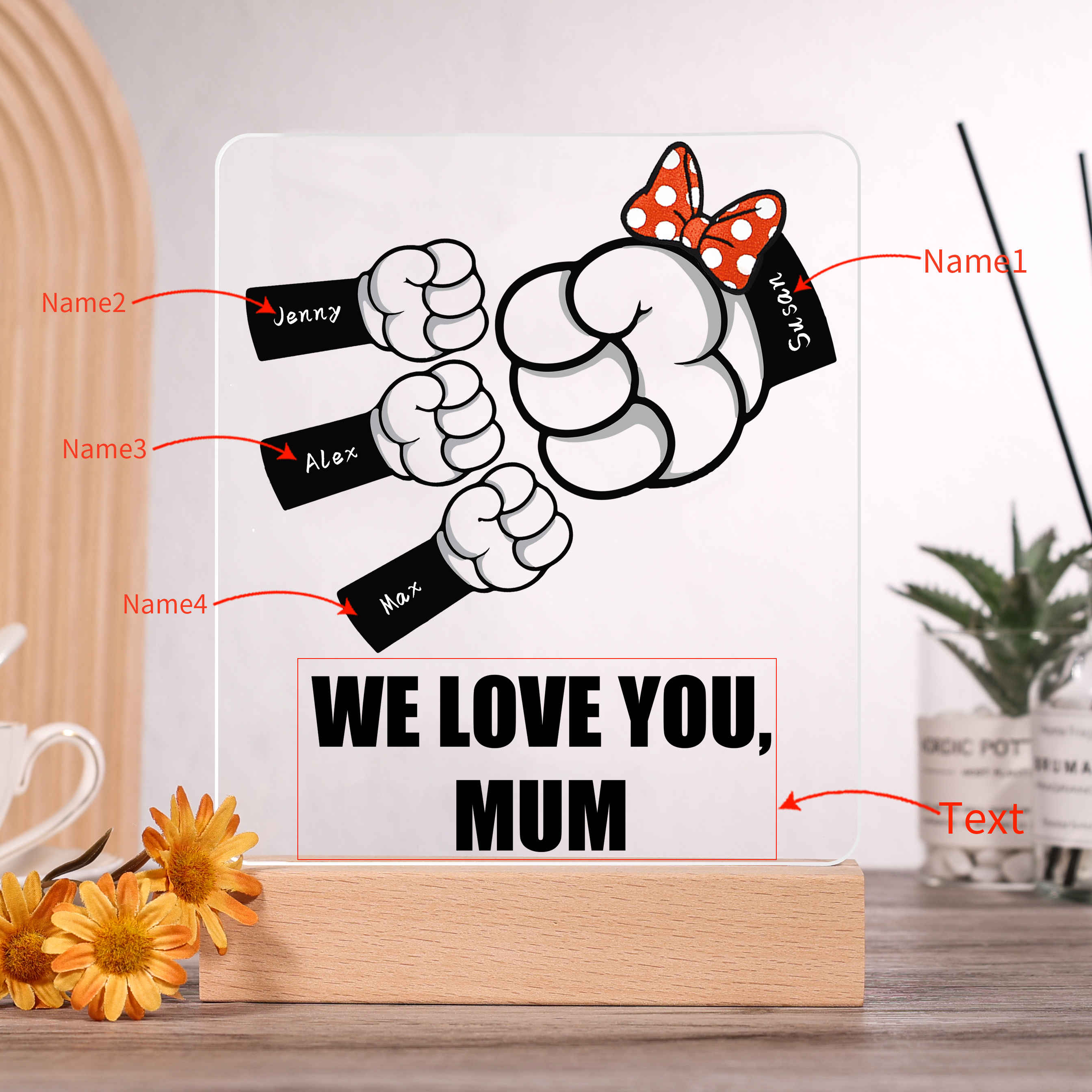 4 Names - Personalised Acrylic Night Light Custom Names & Text Fist Bump LED Lamp Gifts for Family-Jessemade AU