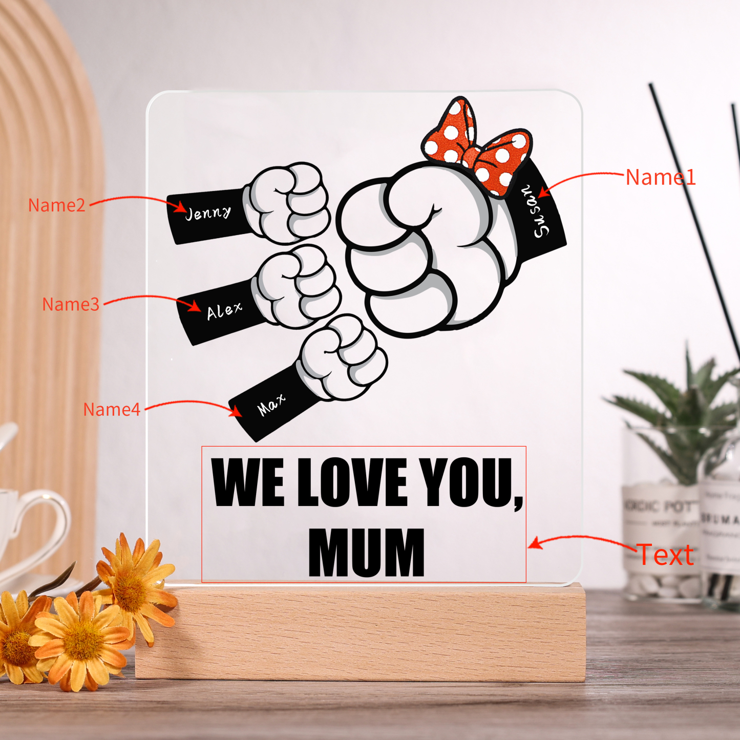 4 Names - Personalised Acrylic Night Light Custom Names & Text Fist Bump LED Lamp Gifts for Family-Jessemade AU