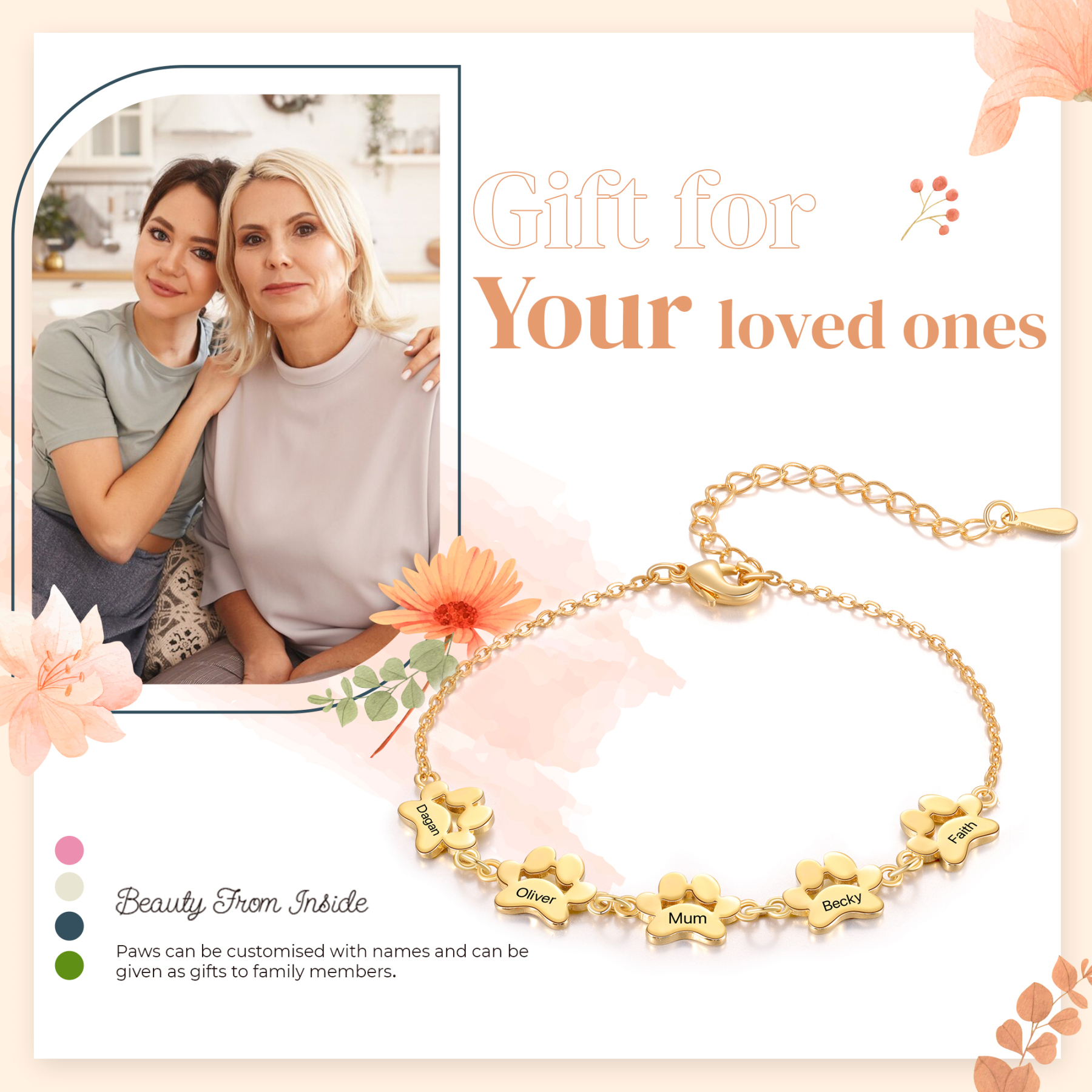 Pet Paw Custom 5 Names Bracelet Gold Adjustable Bracelet Dog Cat Paw Personalised Birthday Gift for Her-Jessemade AU