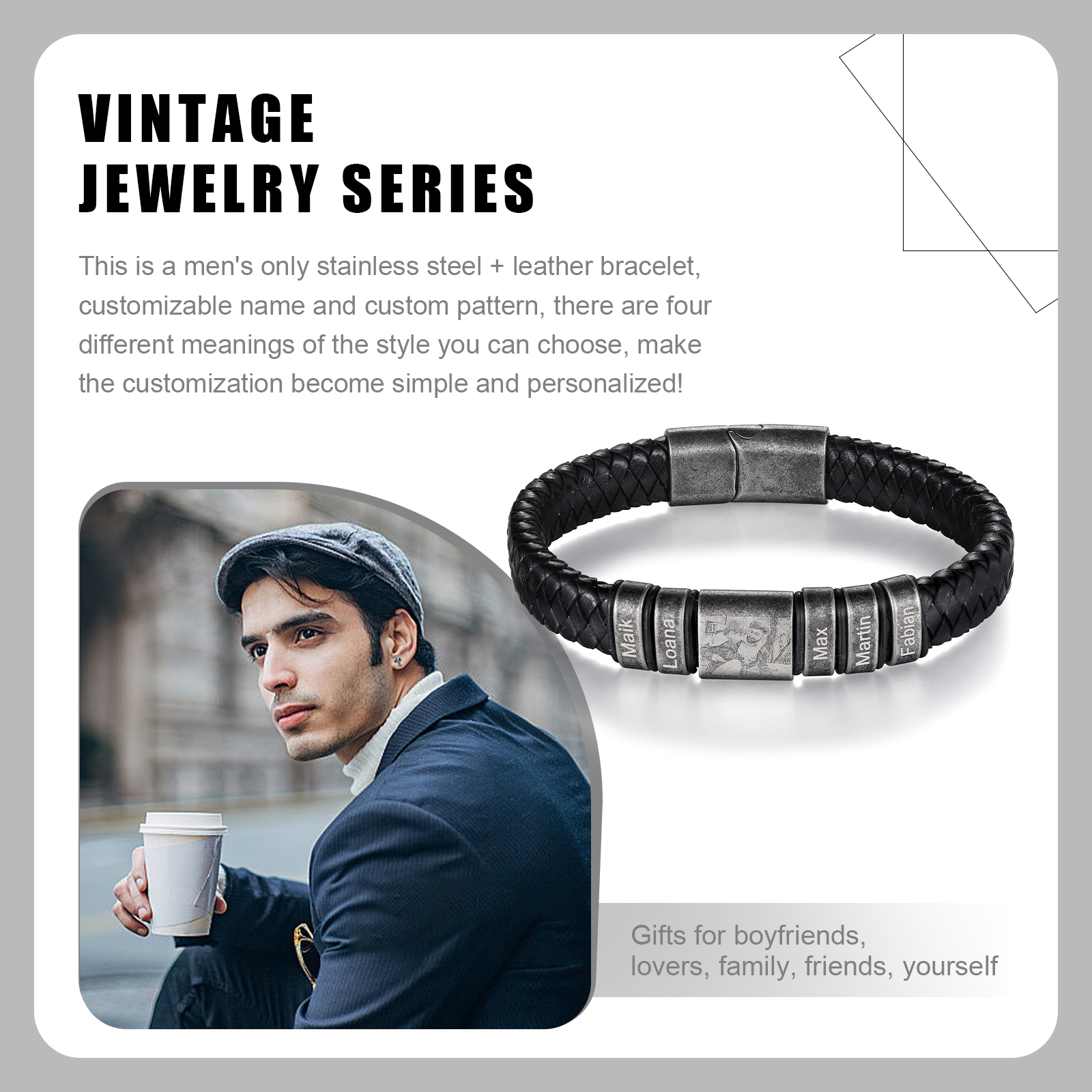 5 Names - Personalised Men's Leather Braided Bracelet Customised Name & Photo Bracelet Vintage Gift for Him-Jessemade AU