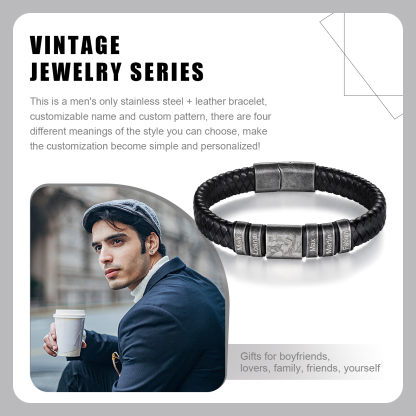 5 Names - Personalised Men's Leather Braided Bracelet Customised Name & Photo Bracelet Vintage Gift for Him-Jessemade AU