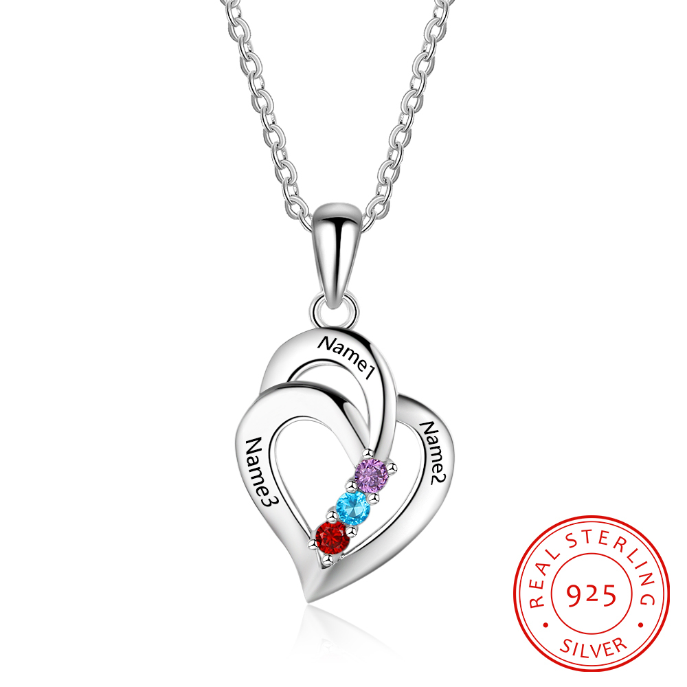 Personalised Heart Necklace With 3 Birthstones Engraved Names Gift For Her-Jessemade AU