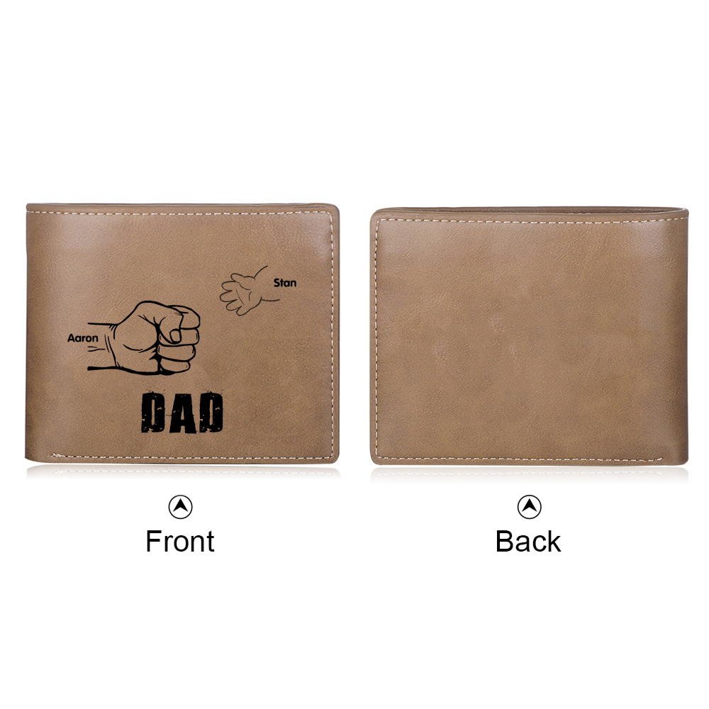 2 Names - Personalised Men Leather Wallet Engraved Names Brown Wallet Fist Bump Folding Wallet Gift For Dad-Jessemade AU
