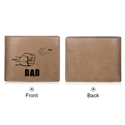 2 Names - Personalised Men Leather Wallet Engraved Names Brown Wallet Fist Bump Folding Wallet Gift For Dad-Jessemade AU