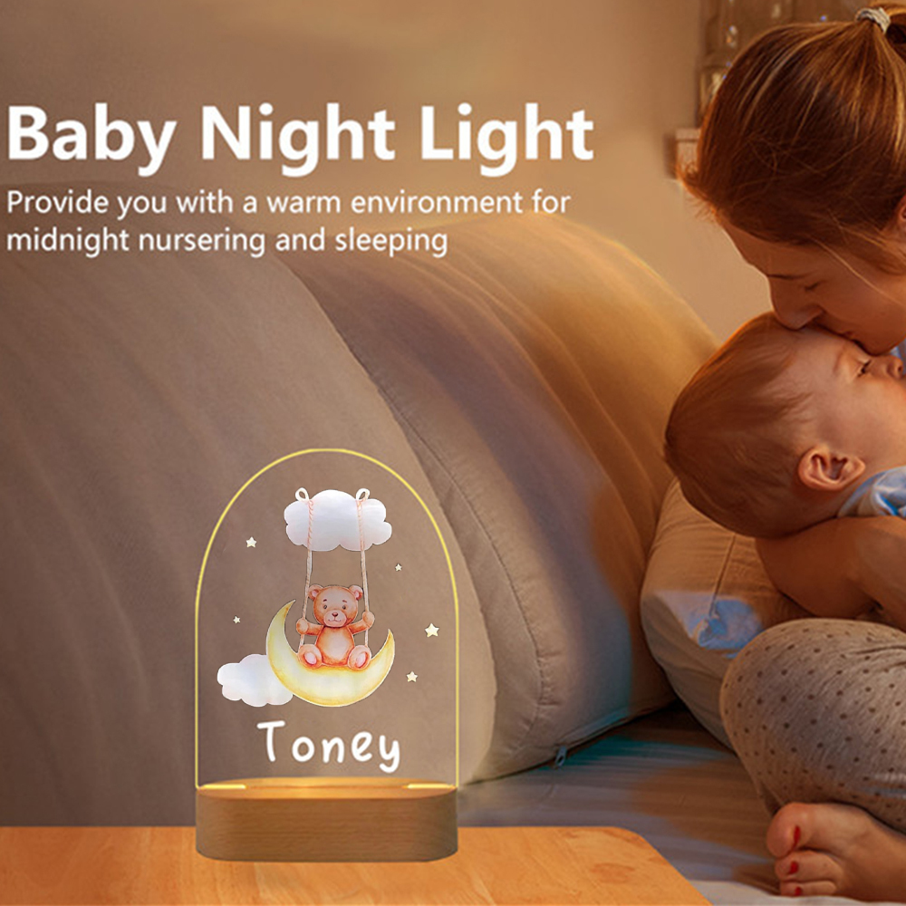Personalised Bear and Moon Night Light Custom Name LED Lamp Baby Gift for Kids-Jessemade AU