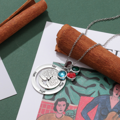 Personalised Family Tree Necklace with 2 Birthstones Engraved Names Gift For Women-Jessemade AU
