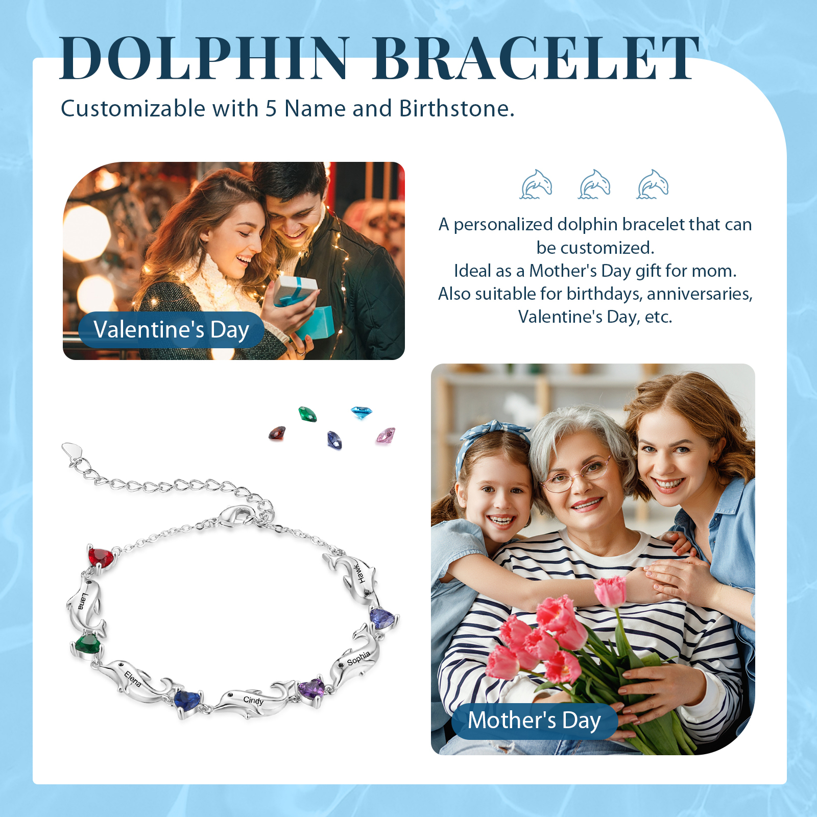Dolphin Bracelet Personalised 5 Birthstones & 5 Names Women Bracelet-Jessemade AU