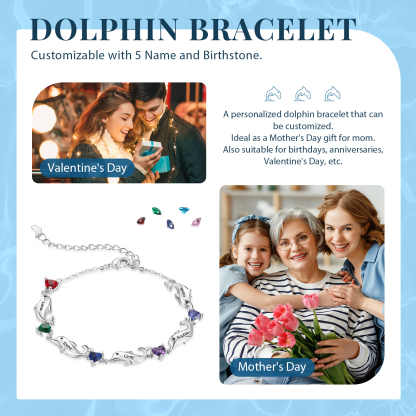 Dolphin Bracelet Personalised 5 Birthstones & 5 Names Women Bracelet-Jessemade AU