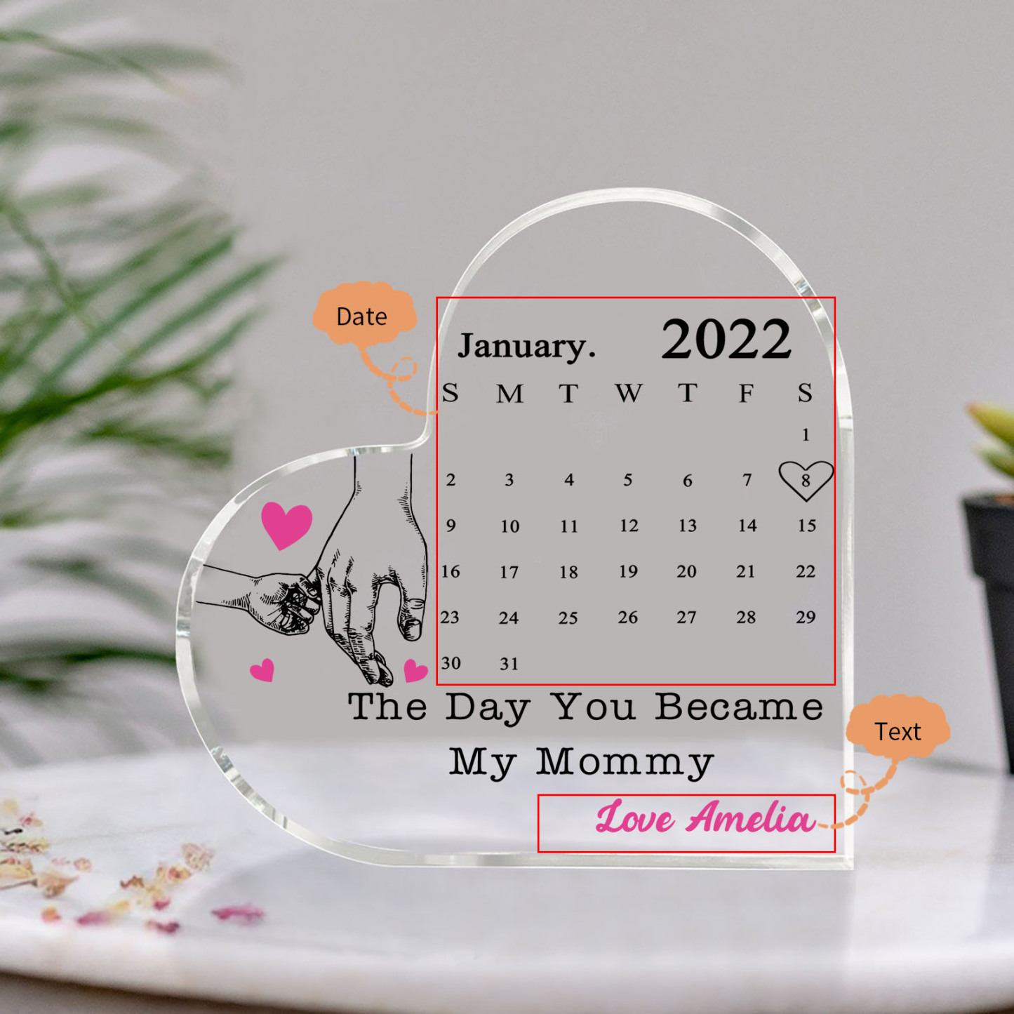 Personalised Acrylic Heart Keepsake Custom Date & Text Calendar Ornaments Hand In Hand - The Day You Became My Mommy/Mummy-Jessemade AU