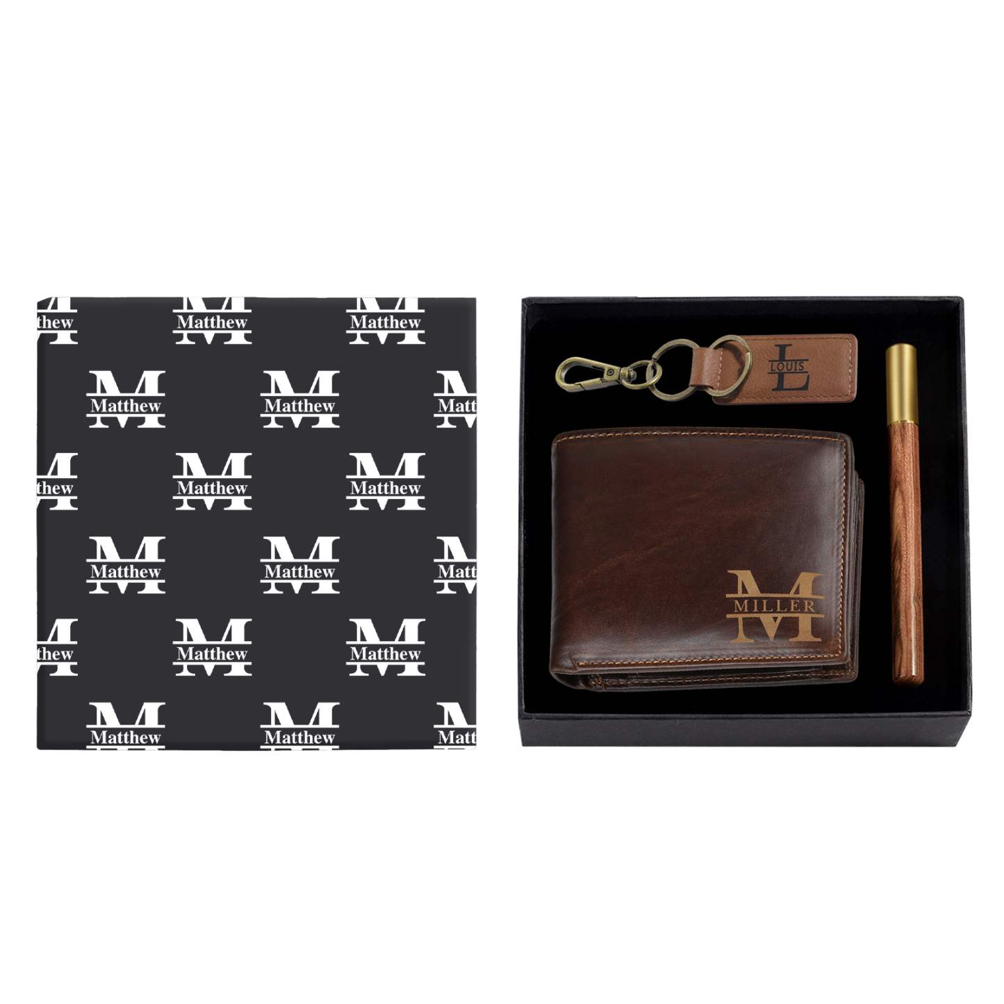 Personalised 2 Texts & 3 Names & 3 Letters Gift Set Custom Wallet & Keychain & Pen Gift Box Set Gift for Him-Jessemade AU