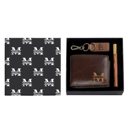 Personalised 2 Texts & 3 Names & 3 Letters Gift Set Custom Wallet & Keychain & Pen Gift Box Set Gift for Him-Jessemade AU