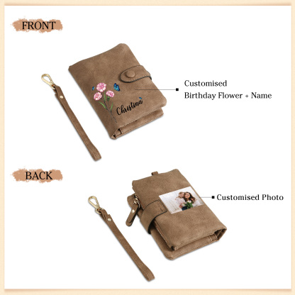 Personalised Women's Leather Wallet Custom Birthday Flower & Name & Photo Wallet Gift for Her