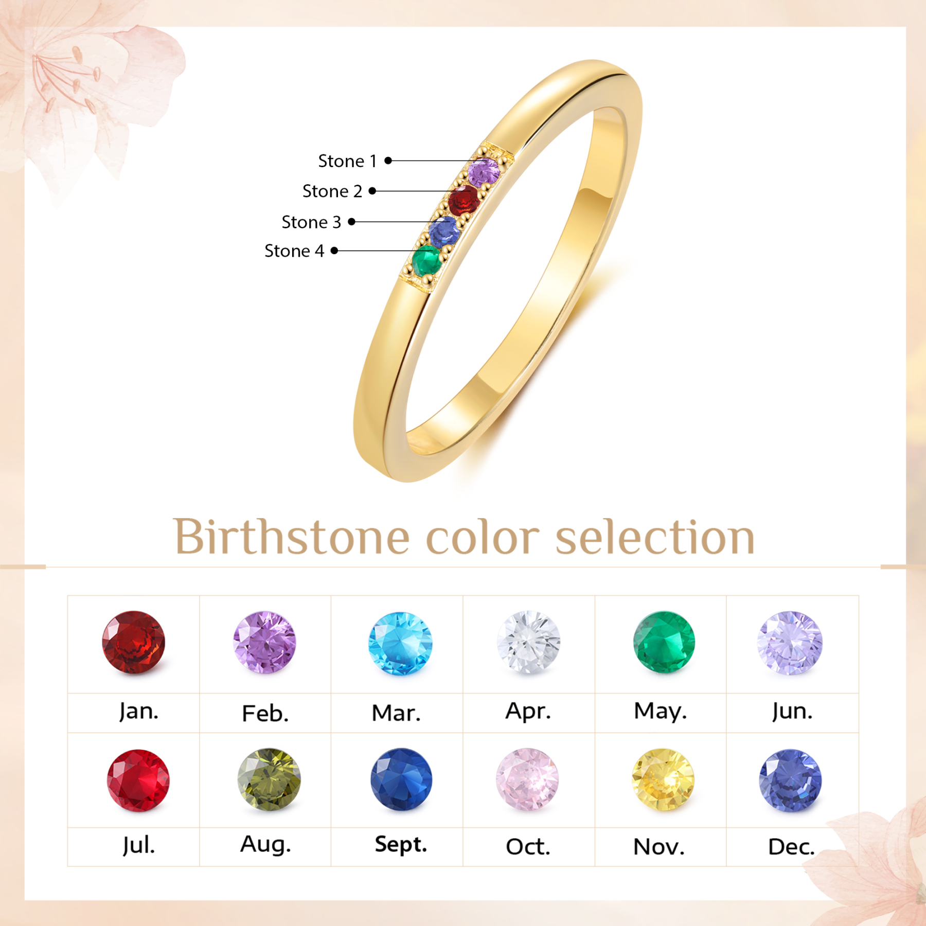Personalised Women's Ring Custom 4 Birthstones Ring Birthday Gift for Her-Jessemade AU