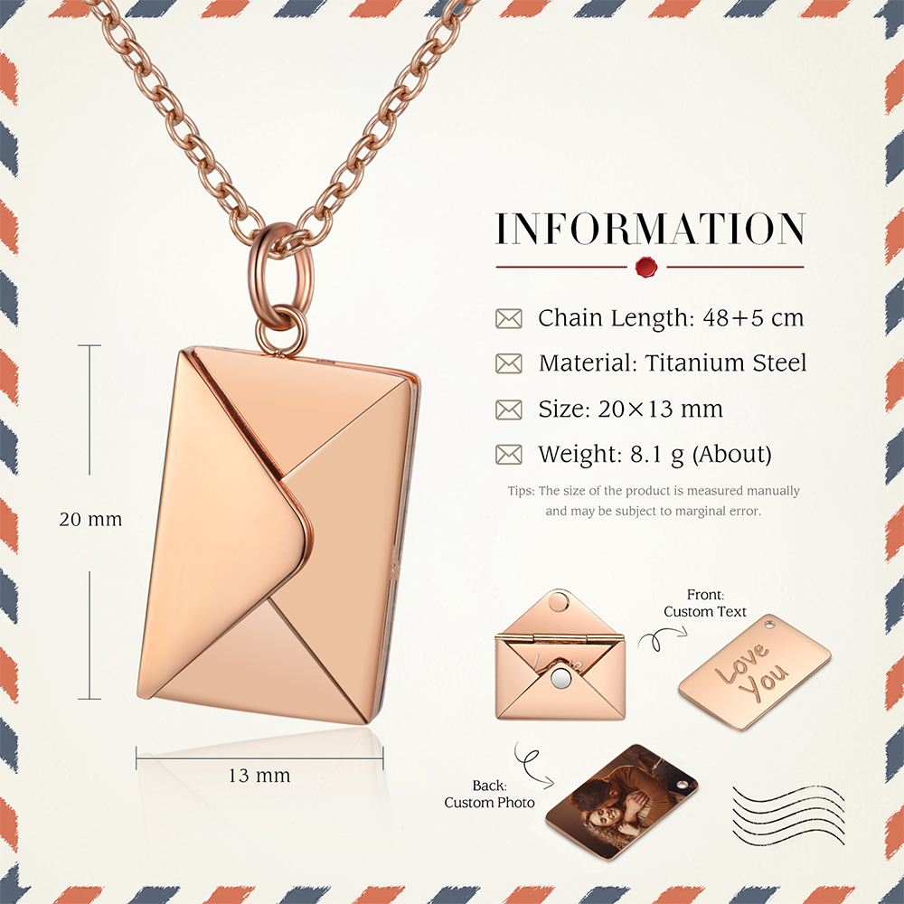 Personalised Envelope Pendant Necklace Customised Photo & Text Necklace Gold/Silver/Rose Gold Valentine’s Day Gift for Her-Jessemade AU