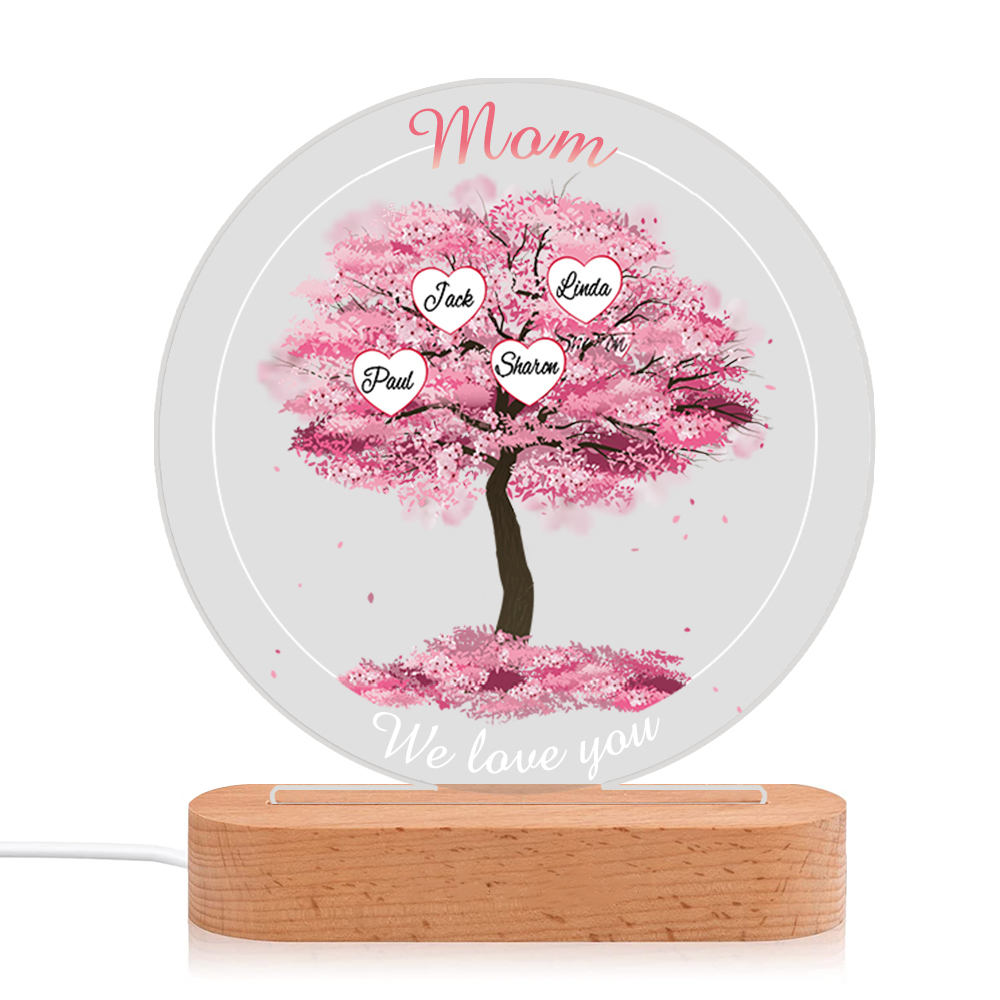 4 Names - Personalised Acrylic Night Light Custom 2 Texts Pink Family Tree LED Lamp Gifts for Mother/Grandma-Jessemade AU