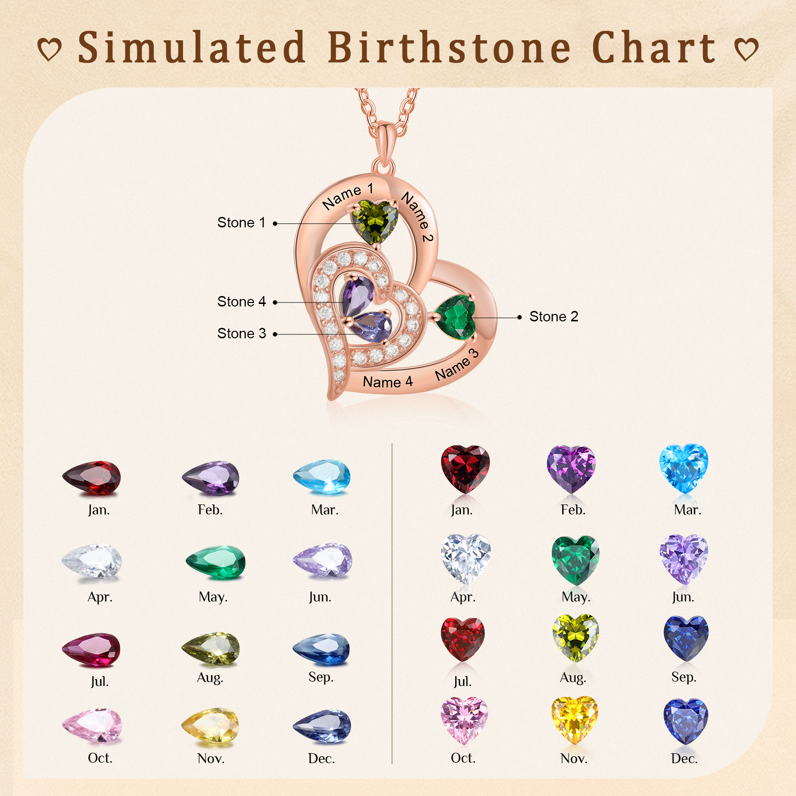 4 Names - Personalised Heart Pendant Necklace Customised Names & Birthstones Necklace Birthday Gift for Her-Jessemade AU