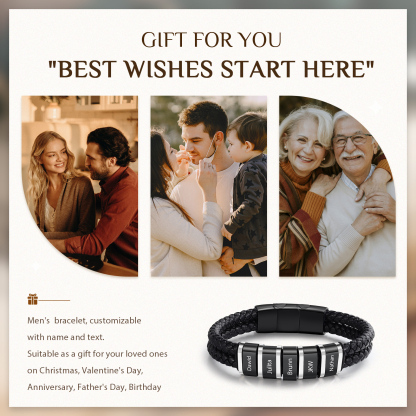 5 Names - Men's Leather Bracelet Custom Names Beaded Bracelet Adjustable Personalised Gift for Him-Jessemade AU