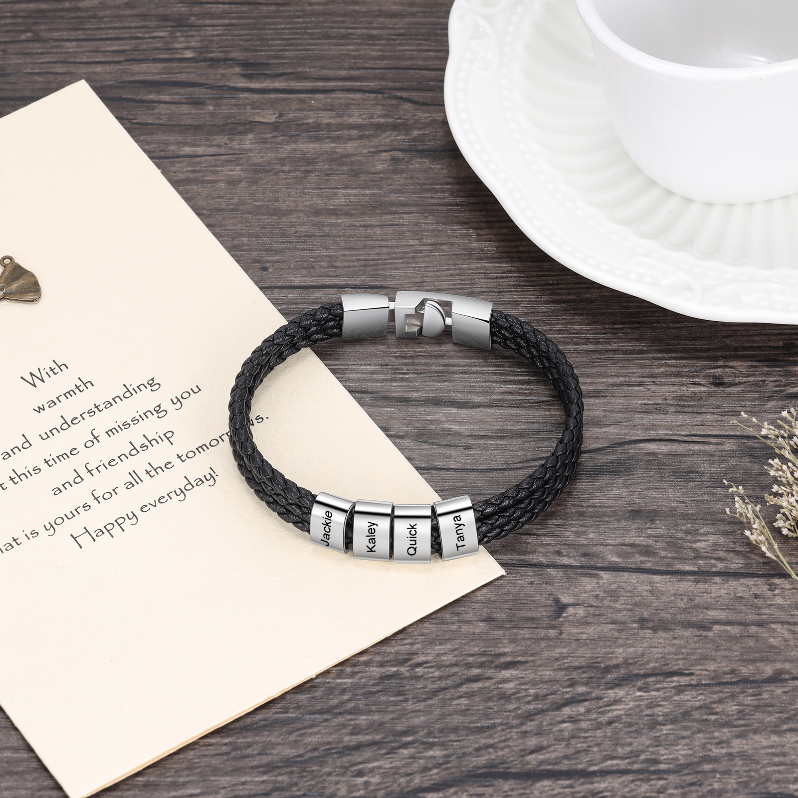 Personalised Braided Leather Bracelet Engraved 4 Names Men's Bracelet Gifts For Him-Jessemade AU