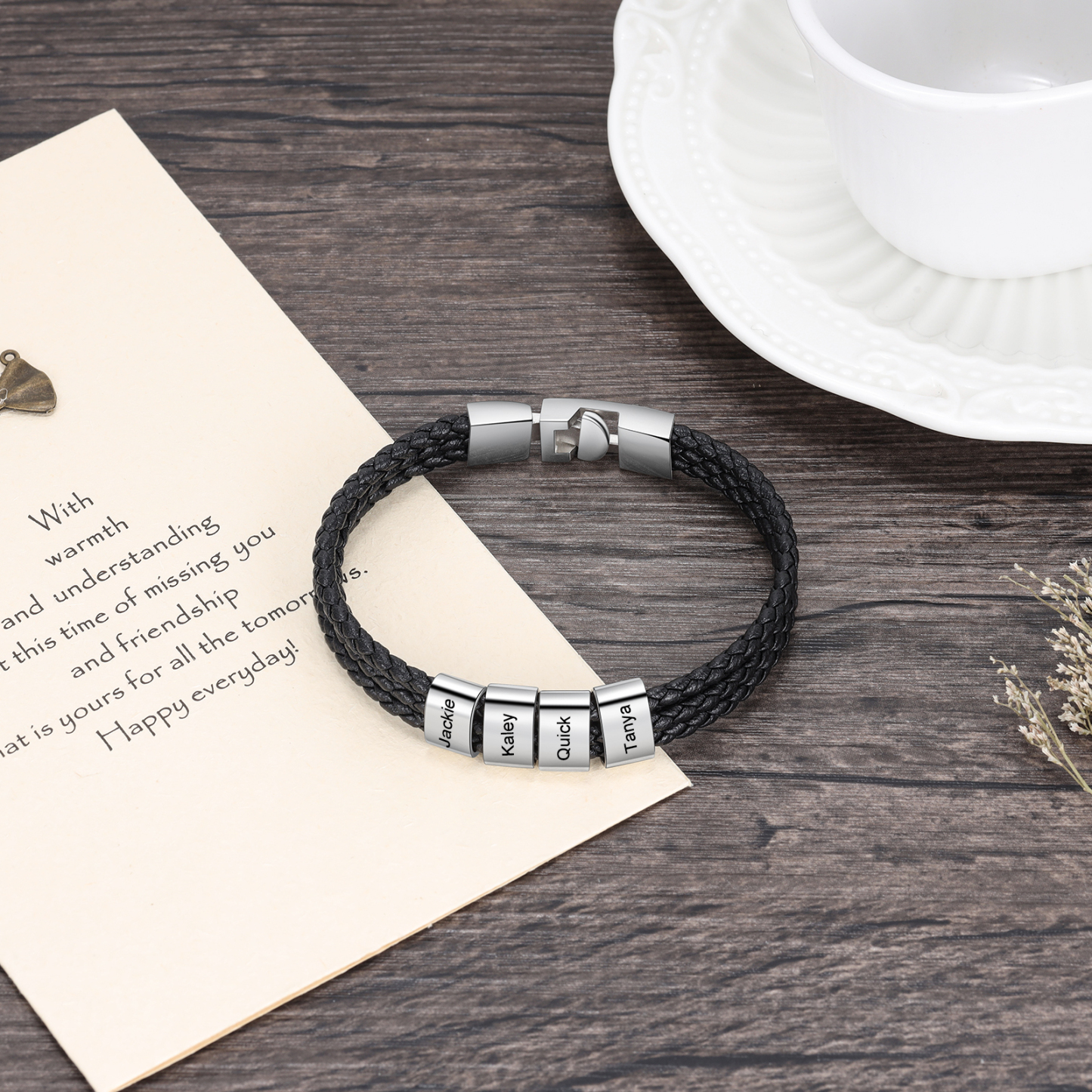 Personalised Braided Leather Bracelet Engraved 4 Names Men's Bracelet Gifts For Him-Jessemade AU