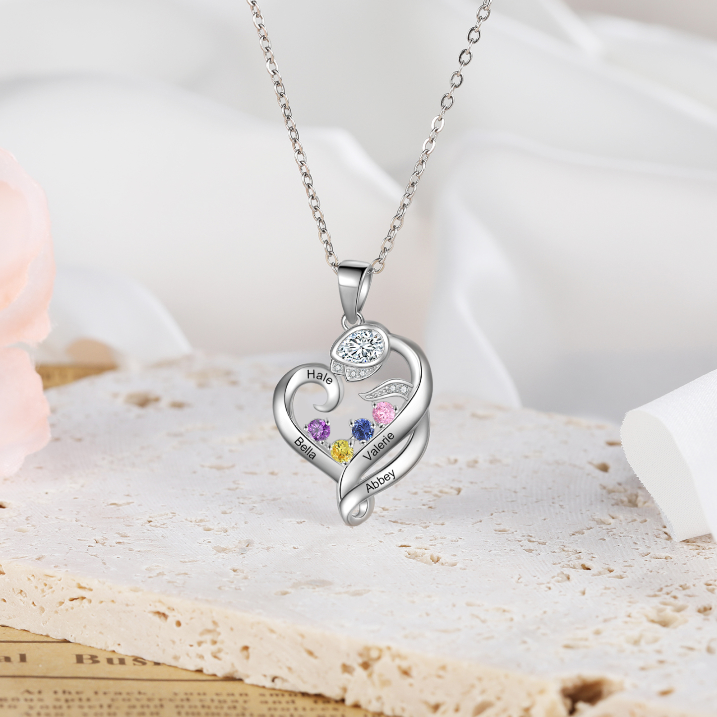 Personalised Flower Heart Necklace With 4 Birthstones Custom Names Necklace Gift For Her-Jessemade AU