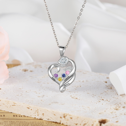 Personalised Flower Heart Necklace With 4 Birthstones Custom Names Necklace Gift For Her-Jessemade AU