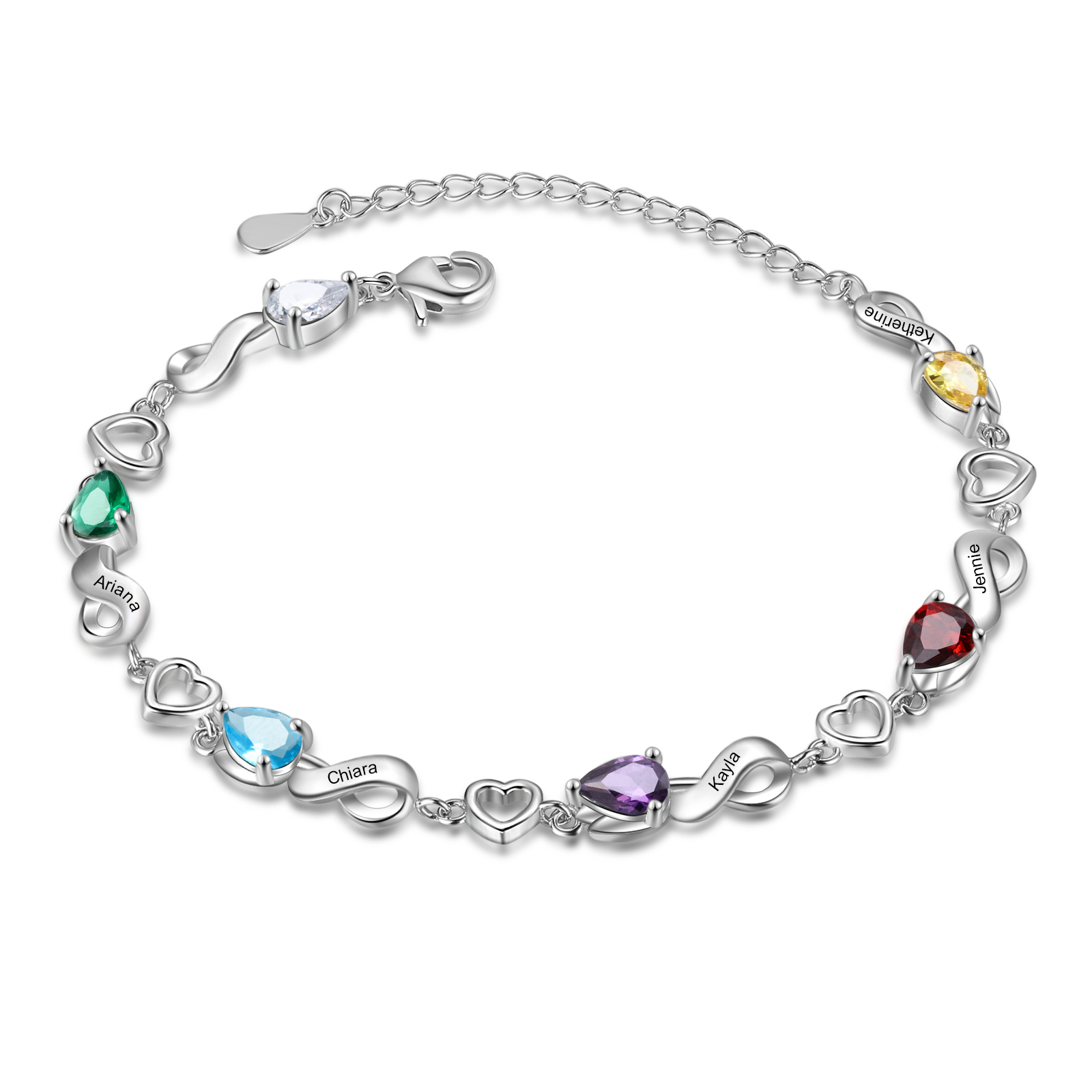 Personalised 5 Birthstones Heart Bracelet Engraved Names Bracelet Gifts For Women-Jessemade AU
