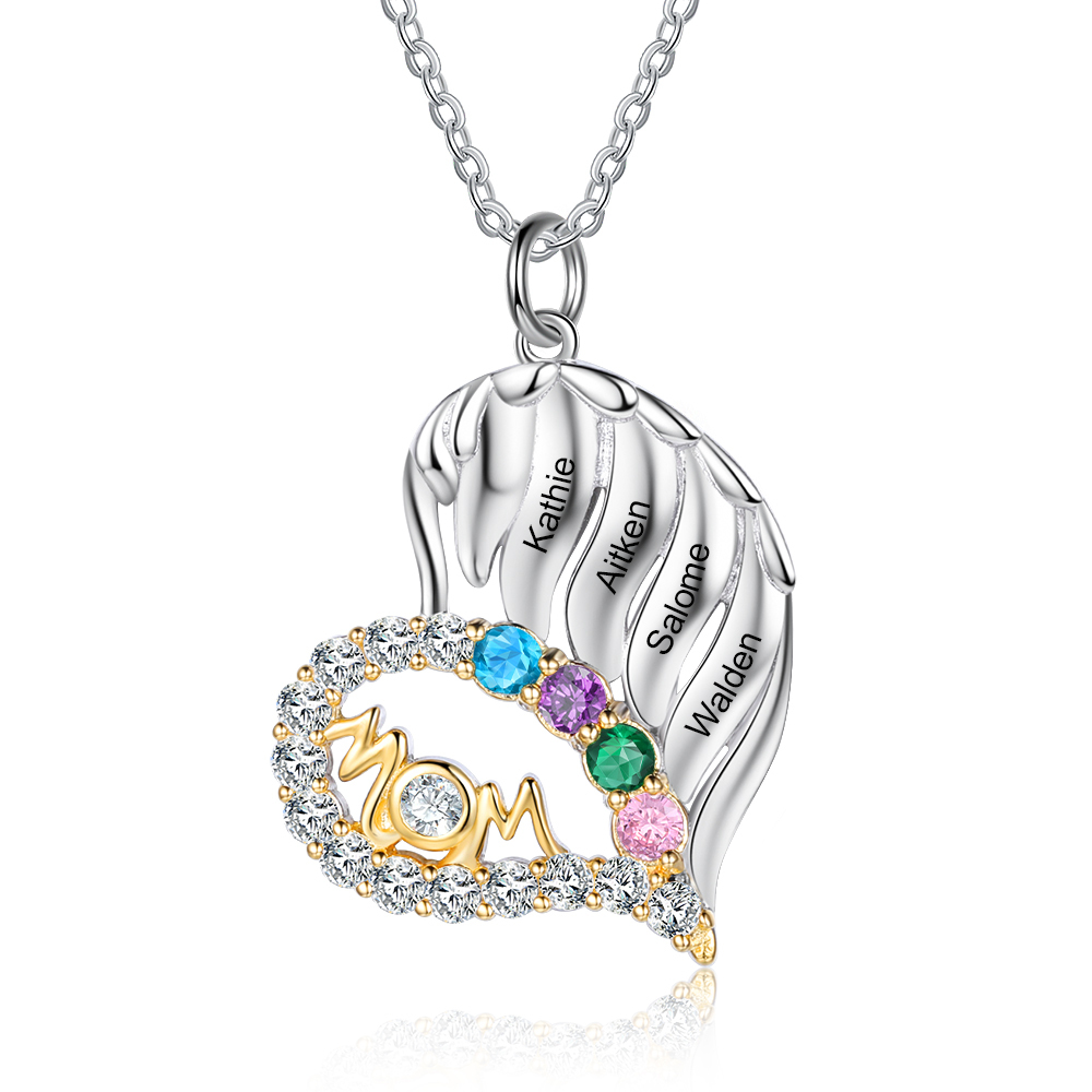 Personalised Heart Necklace With 4 Birthstones Engraved Names Gift For Mother-Jessemade AU