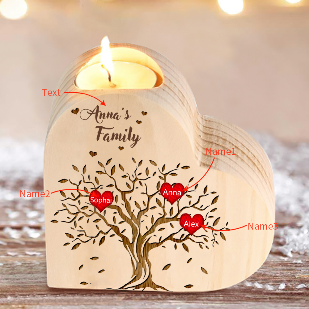 To My Family Wooden Heart Candle Holder Custom 3 Names Family Tree Candlesticks-Jessemade AU