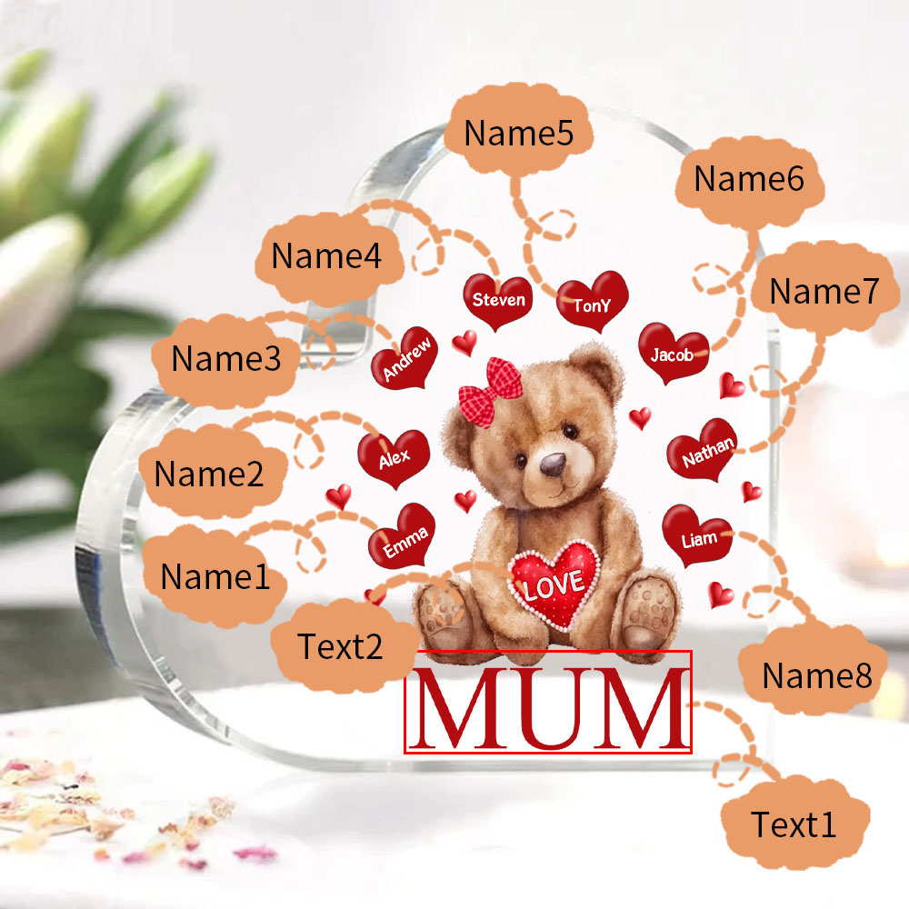 8 Names - Personalised Acrylic Heart Keepsake Custom 2 Texts Teddy Bear Ornaments Gifts for Grandma/Mother-Jessemade AU