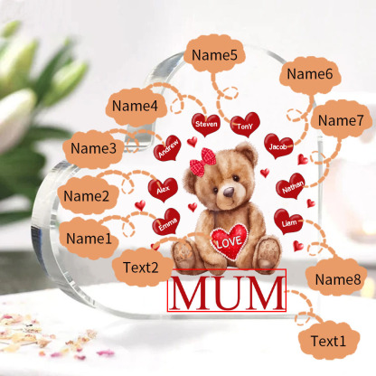 8 Names - Personalised Acrylic Heart Keepsake Custom 2 Texts Teddy Bear Ornaments Gifts for Grandma/Mother-Jessemade AU