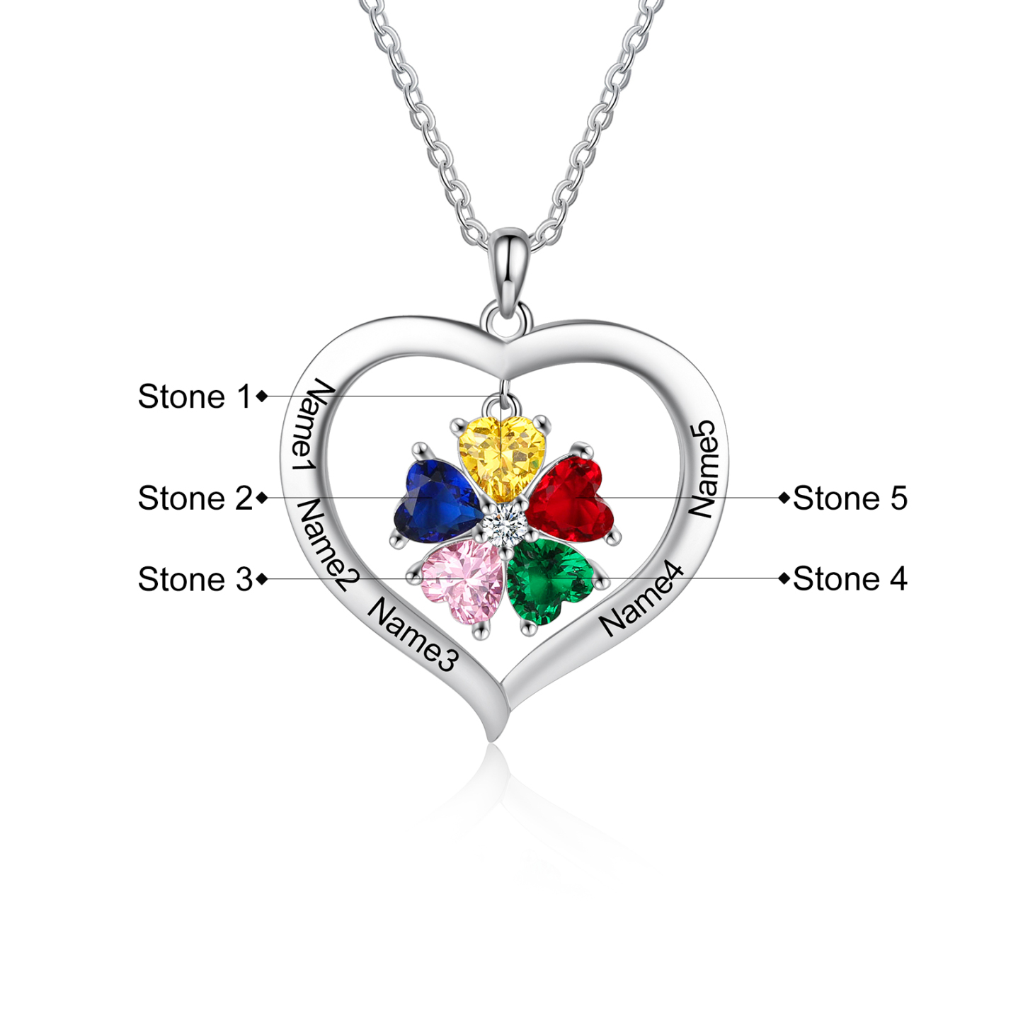 Personalised Necklace With 5 Heart Birthstone Engraved Names Heart Necklace Gift For Women-Jessemade AU