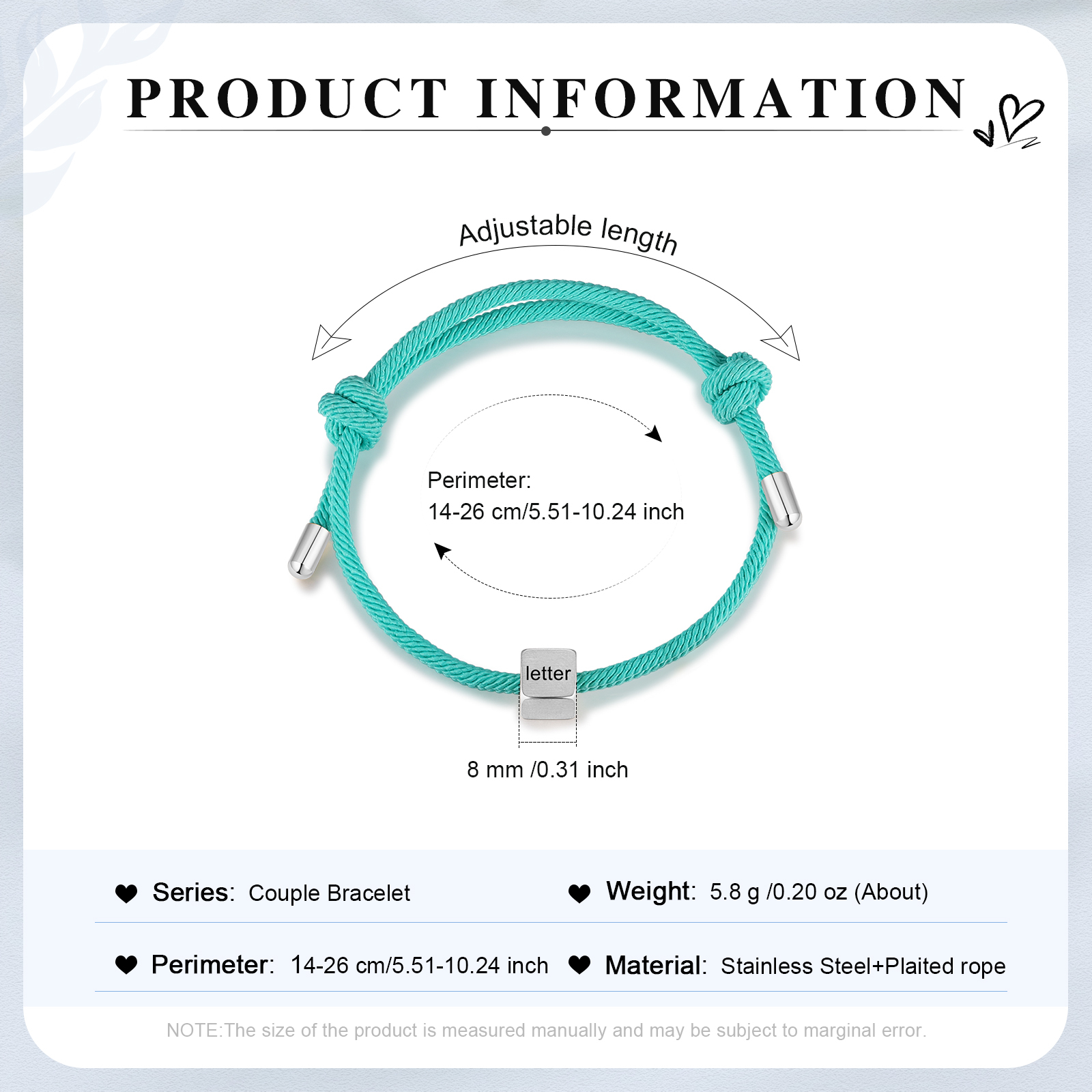 Light Blue Couple's Bracelet Custom Letter Engraved Beads Stainless Steel Bracelet Personalised Gift for Him/Her-Jessemade AU