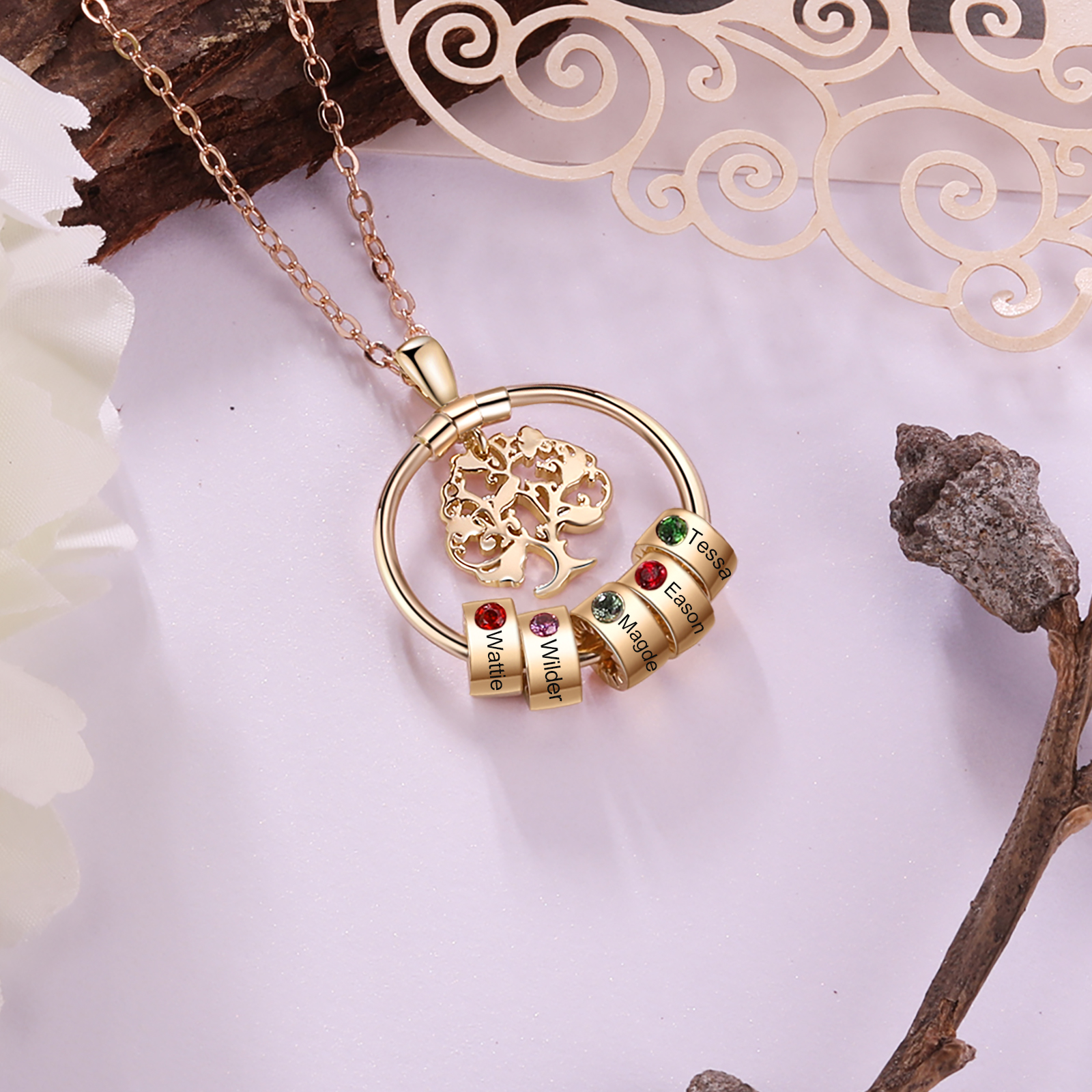 Personalised Family Tree Necklace With 5 Birthstones Engraved Names Gift For Mother-Jessemade AU