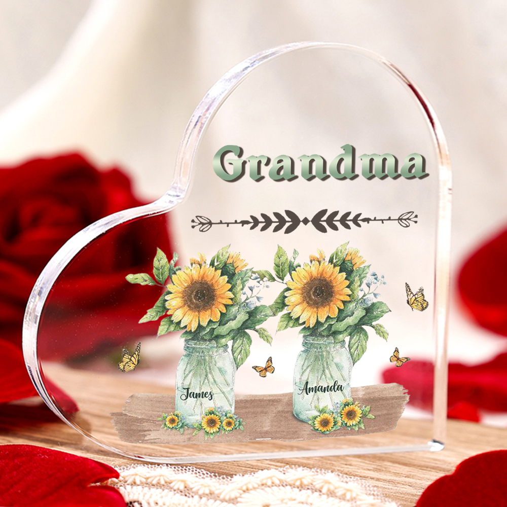 Personalised Acrylic Heart Keepsake Custom 2 Names & 1 Text Sunflower Vase Ornament Gifts for Mother/Grandma-Jessemade AU