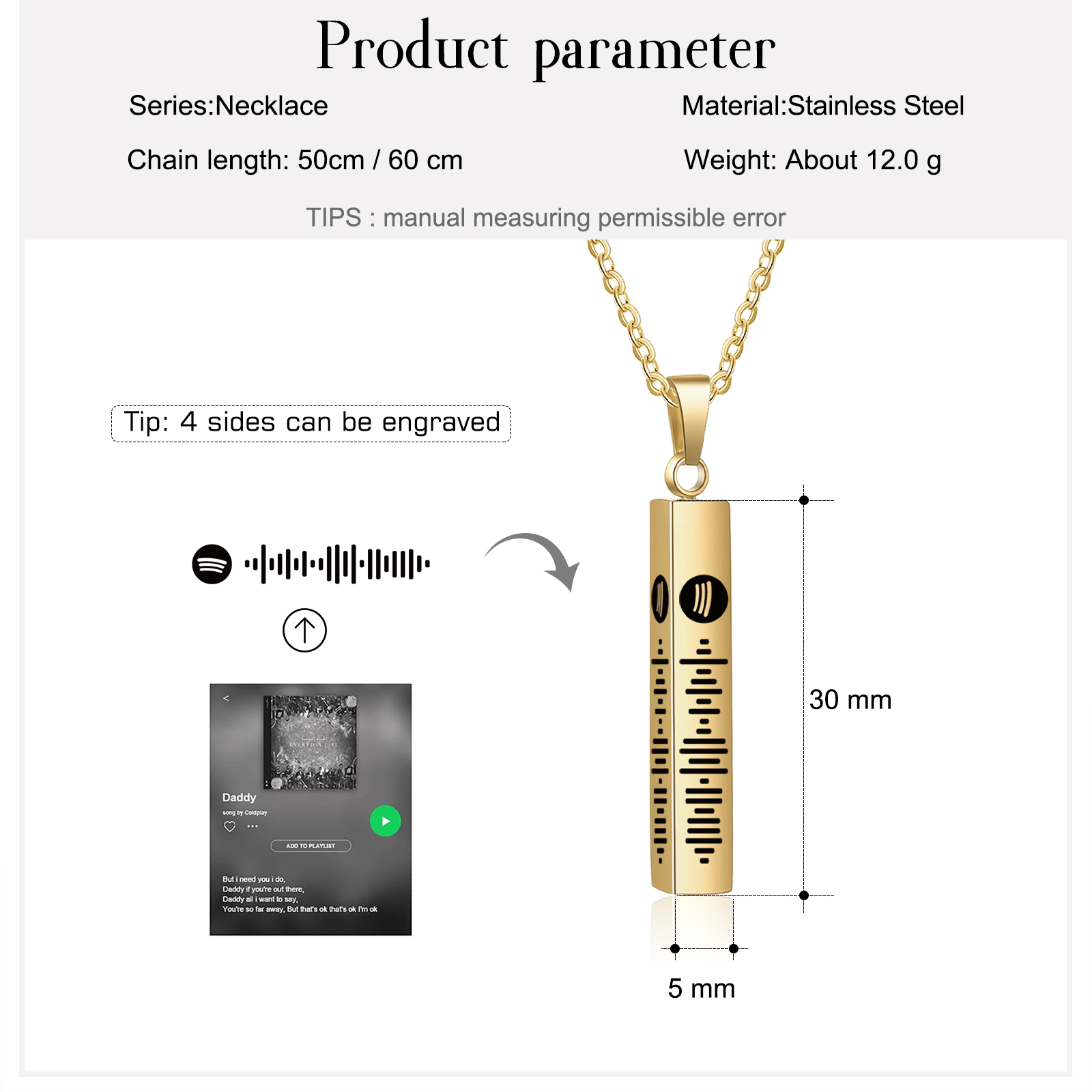 Personalised Music Spotify Code Bar Necklace Custom Spotify Scan Code-Jessemade AU