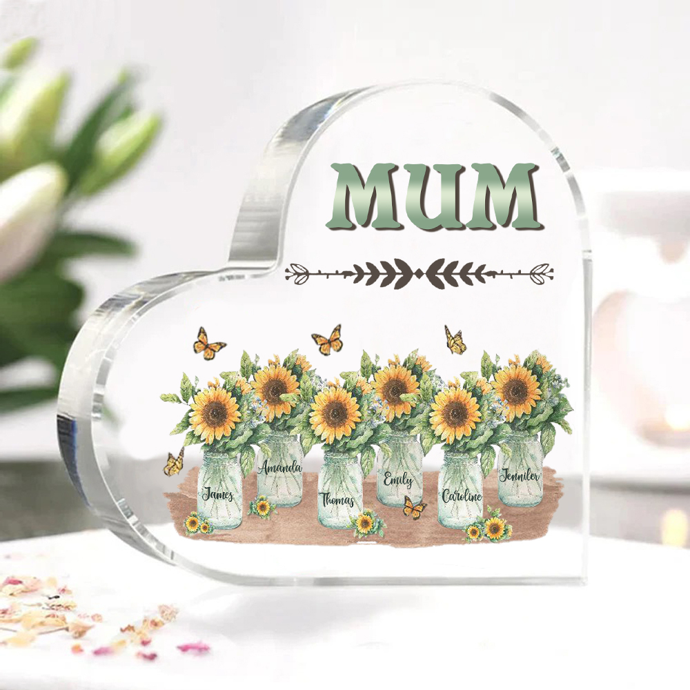 Personalised Acrylic Heart Keepsake Custom 6 Names & 1 Text Sunflower Vase Ornament Gifts for Mother/Grandma-Jessemade AU