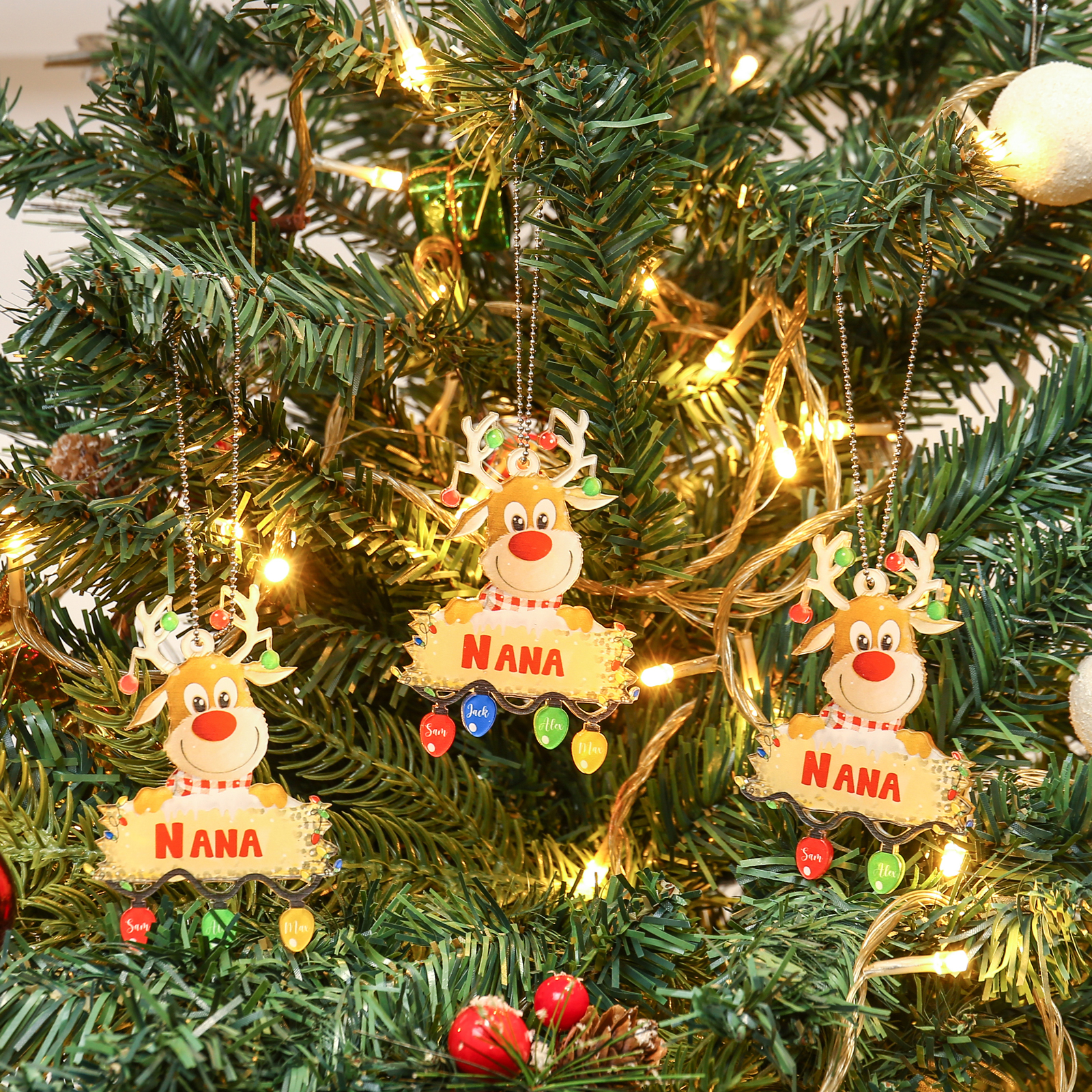 4 Names - Personalised Acrylic Christmas Reindeer Ornaments Customised Text & Name Xmas Decor Gifts for Family-Jessemade AU