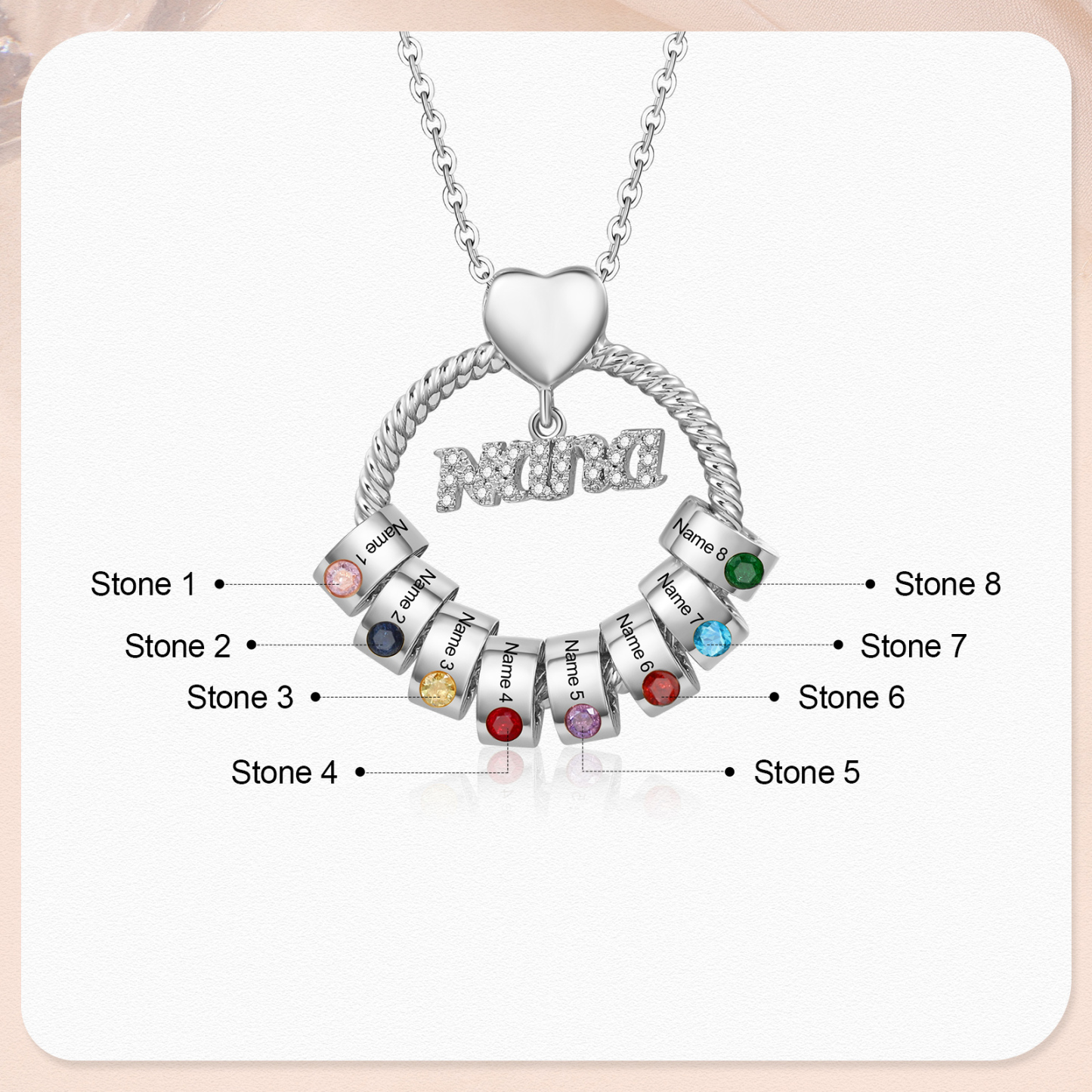 8 Names - Personalised Nana Necklace Custom Names & Birthstones Circle Pendant Necklace Gift for Grandma Nana-Jessemade AU