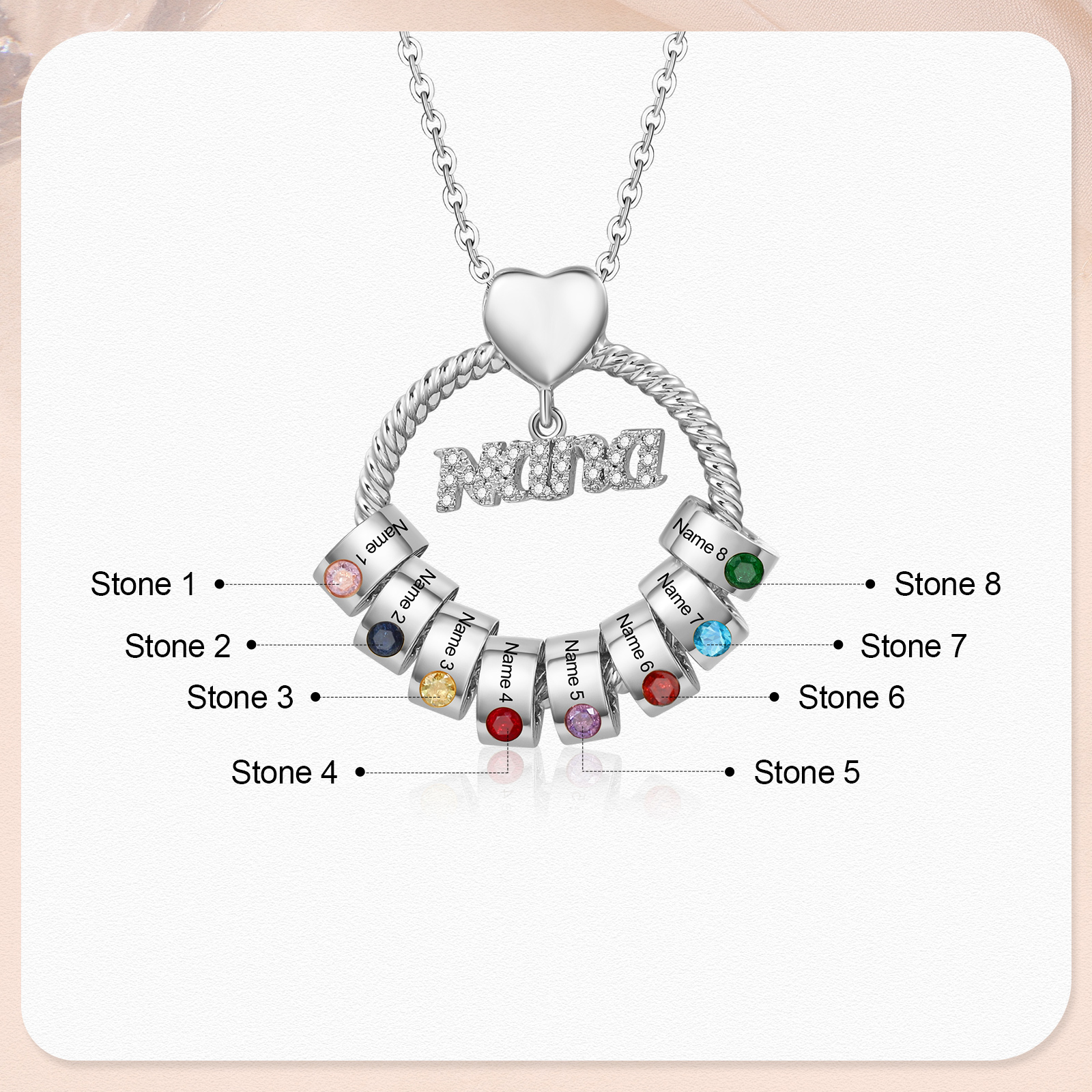 8 Names - Personalised Nana Necklace Custom Names & Birthstones Circle Pendant Necklace Gift for Grandma Nana-Jessemade AU
