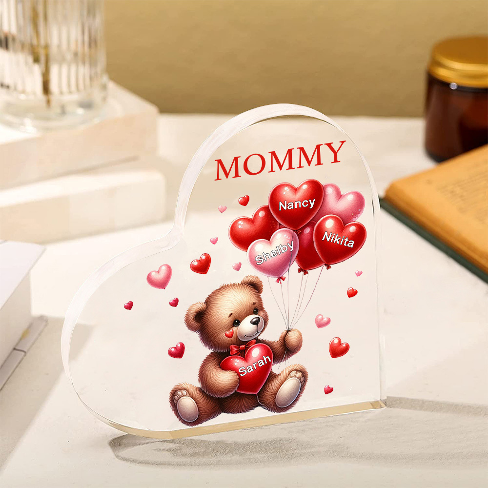 4 Names - Personalised Acrylic Heart Keepsake Custom Text Teddy Bear Balloon Ornaments Gifts for Grandma/Mother-Jessemade AU