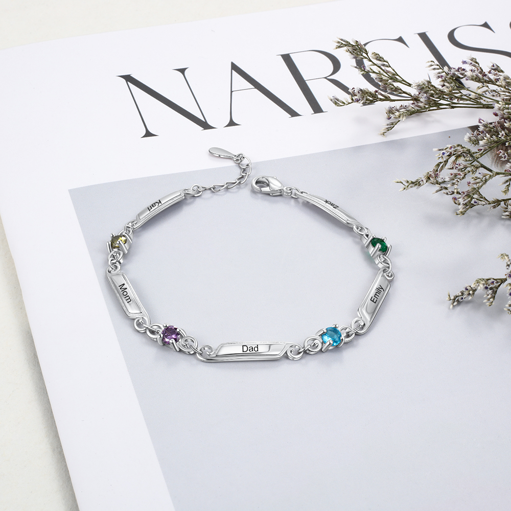 Personalised Bracelet With 4 Birthstones Engraved Names Bracelet Gift For Women-Jessemade AU